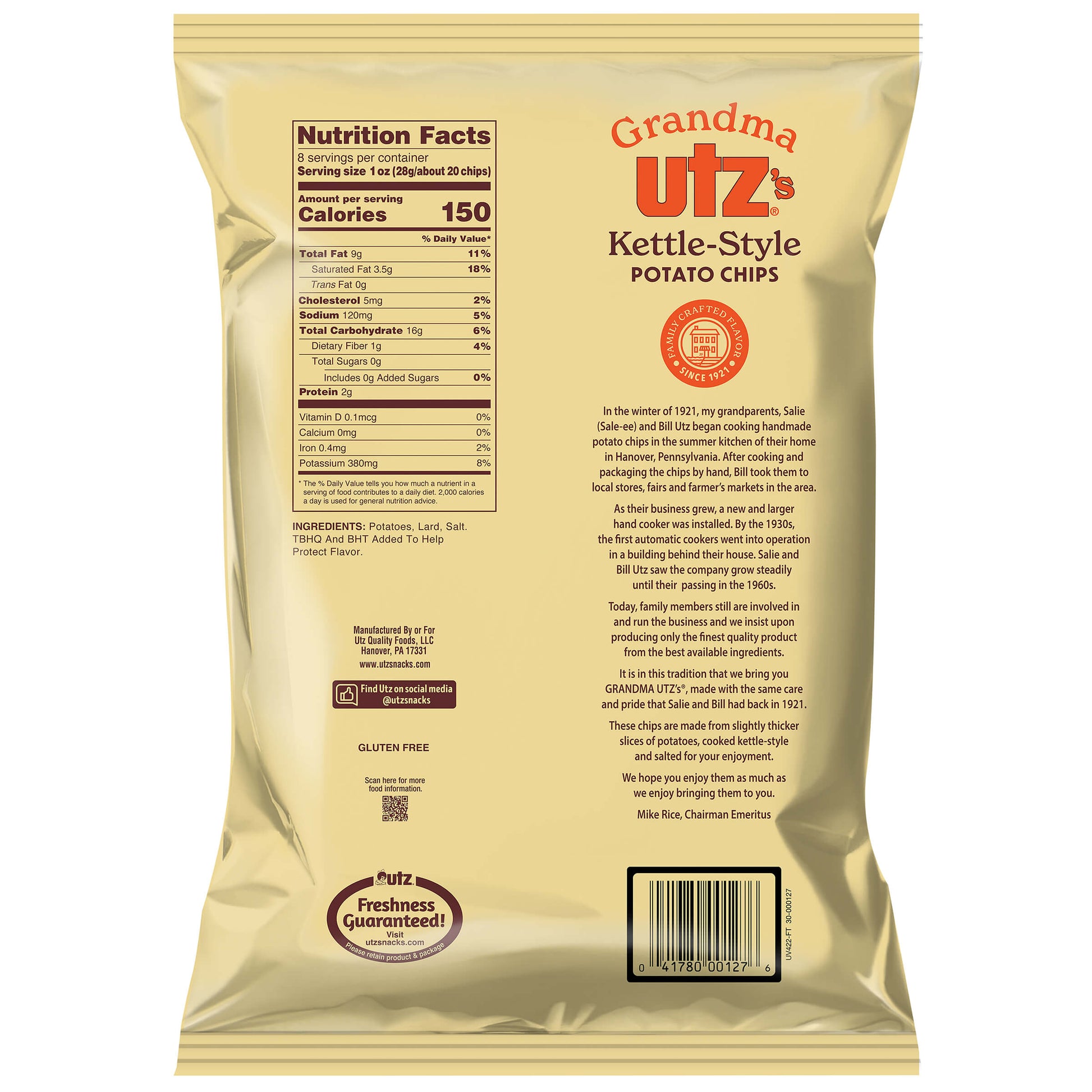 Back view of a package of Grandma Utz Kettle-Style Potato Chips with nutritional information and ingredients listed.