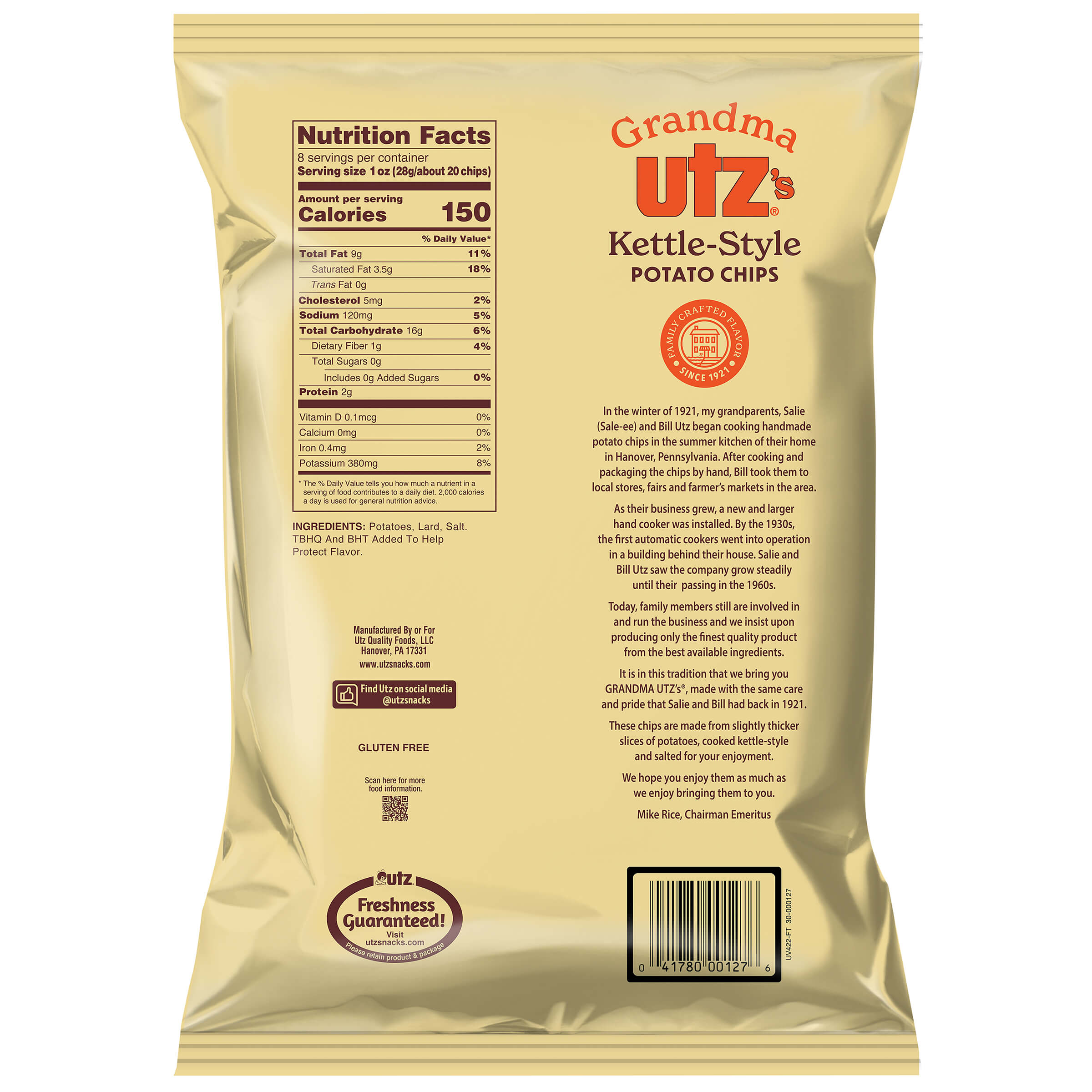 Back view of a package of Grandma Utz Kettle-Style Potato Chips with nutritional information and ingredients listed.