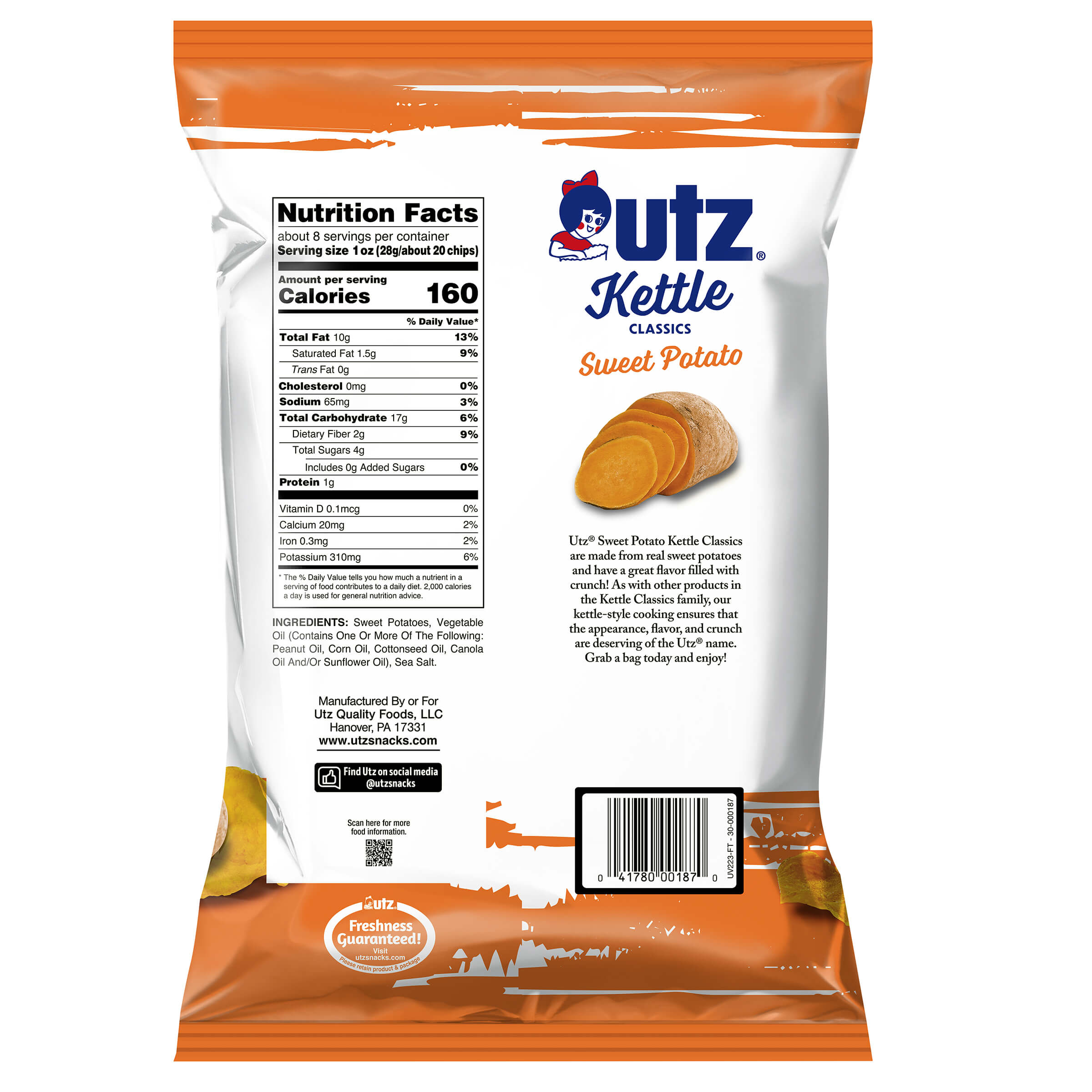 UTZ Kettle Classics Sweet Potato snack package with nutritional information and branding.