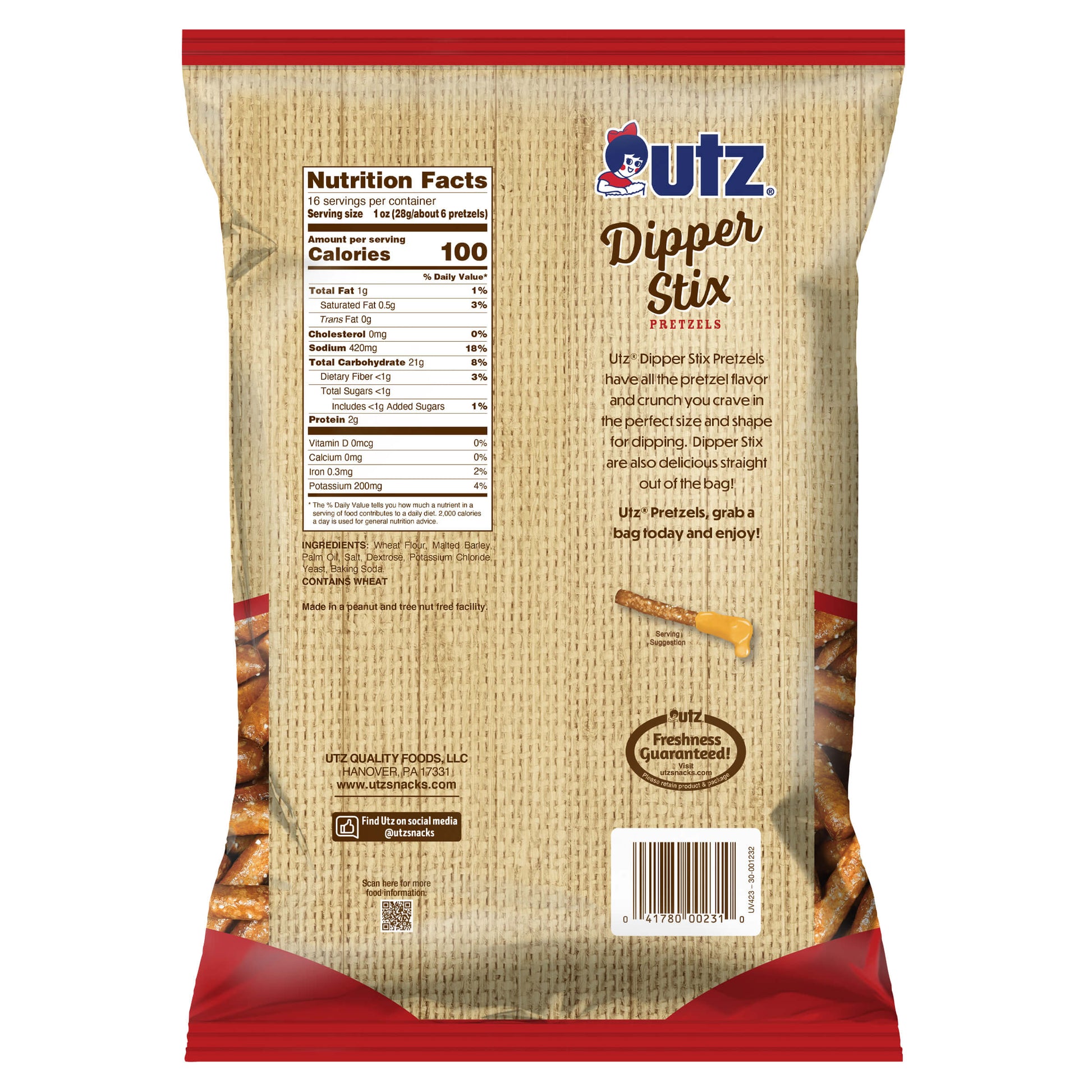 UTZ Dipper Stix pretzel package with nutrition facts label on a white background