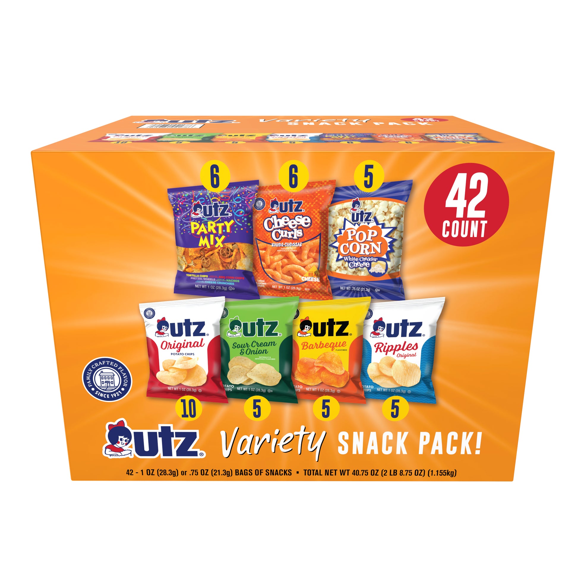 Image of the front of the Utz 42-count Variety Snack Pack Box. The design features images of the seven snack varieties included: Party Mix, Cheese Curls, White Cheddar Popcorn, Original Potato Chips, Sour Cream & Onion Potato Chips, Barbecue Potato Chips, and Ripple Potato Chips. Text indicates that there are 42 bags in total, with specific counts for each type of snack.