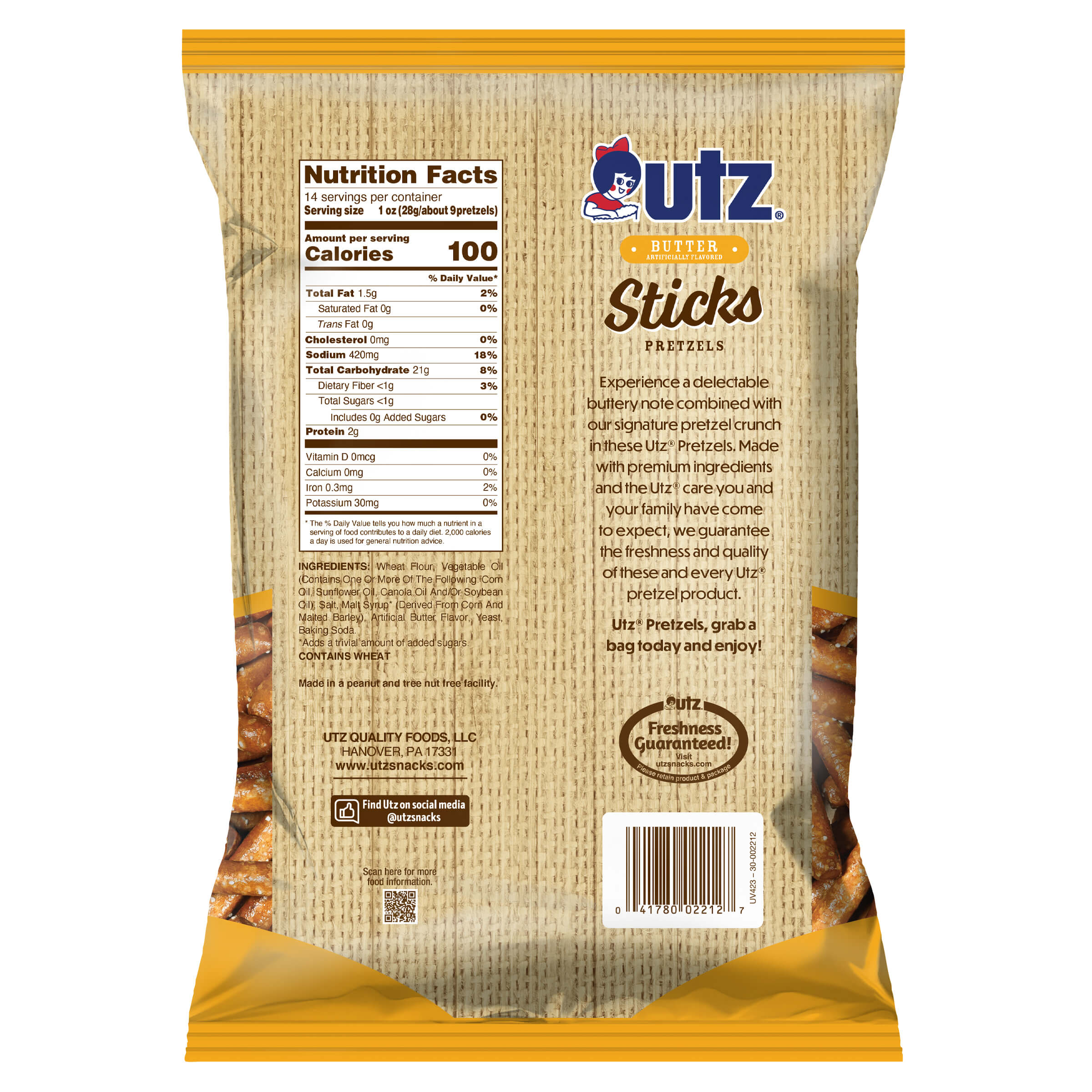 UTZ Butter Sticks Pretzel packaging with nutrition facts and ingredients list on a white background