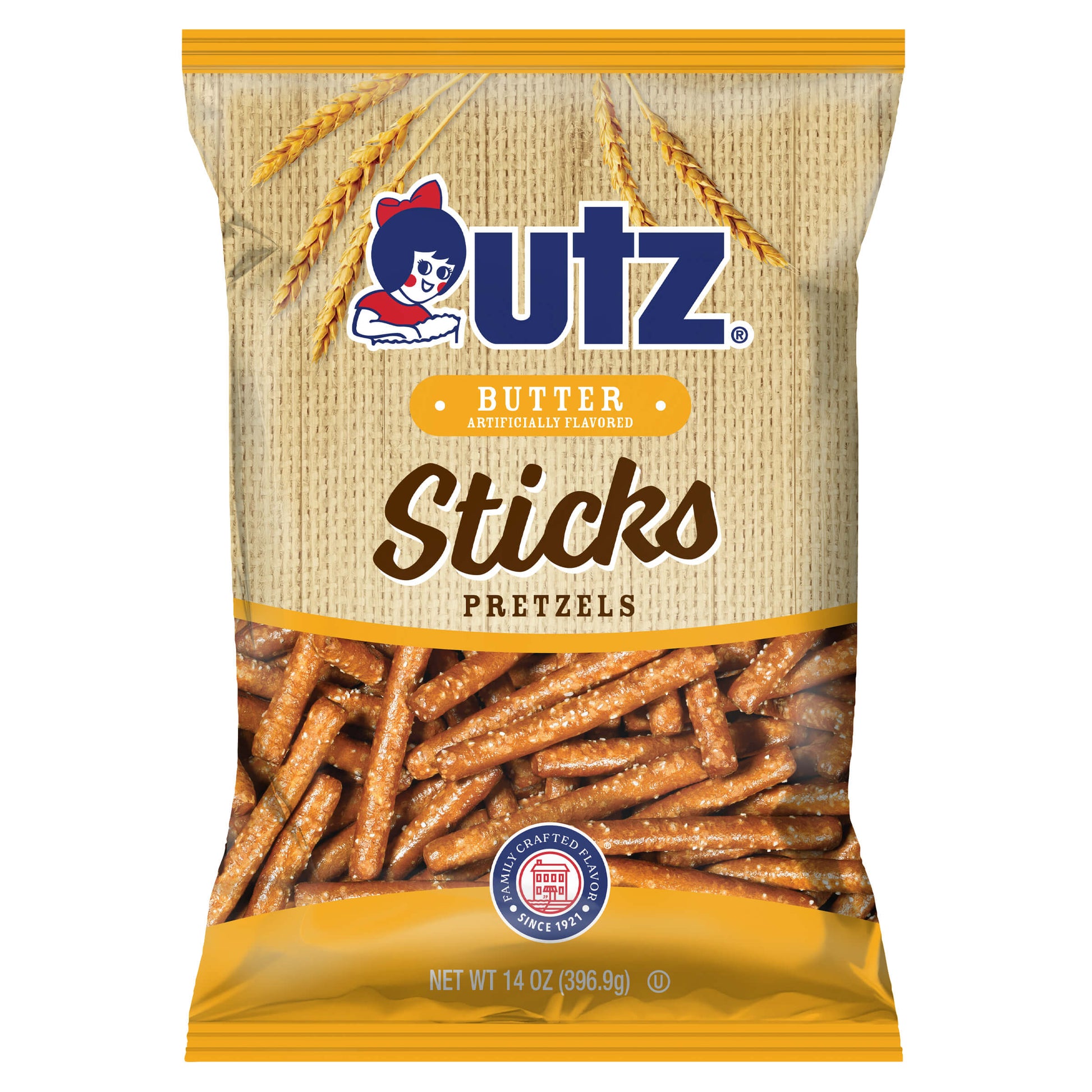 Packaging of Utz Butter Sticks Pretzels on a white background
