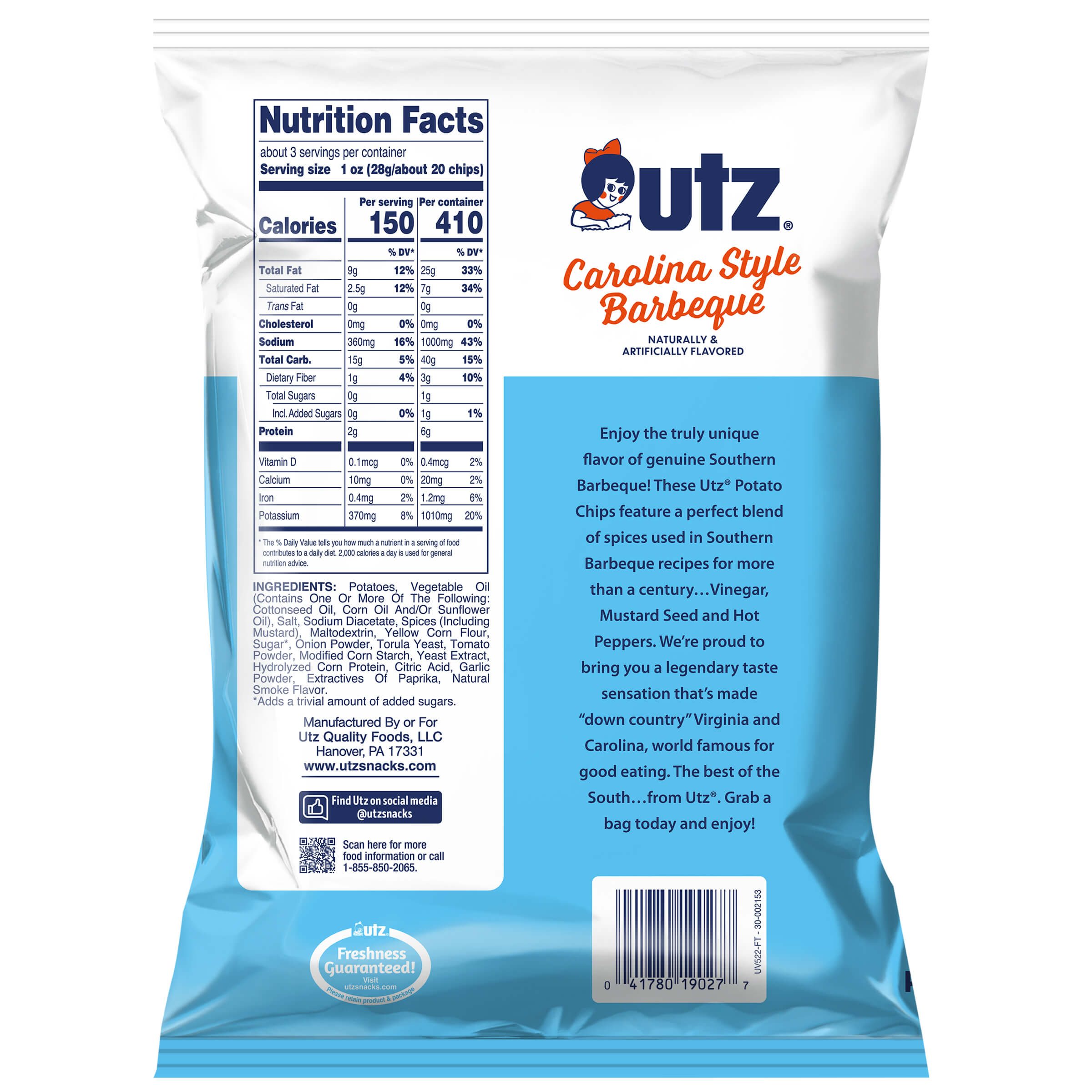 utz Carolina Style Barbecue potato chips packaging with nutrition facts and ingredients list.
