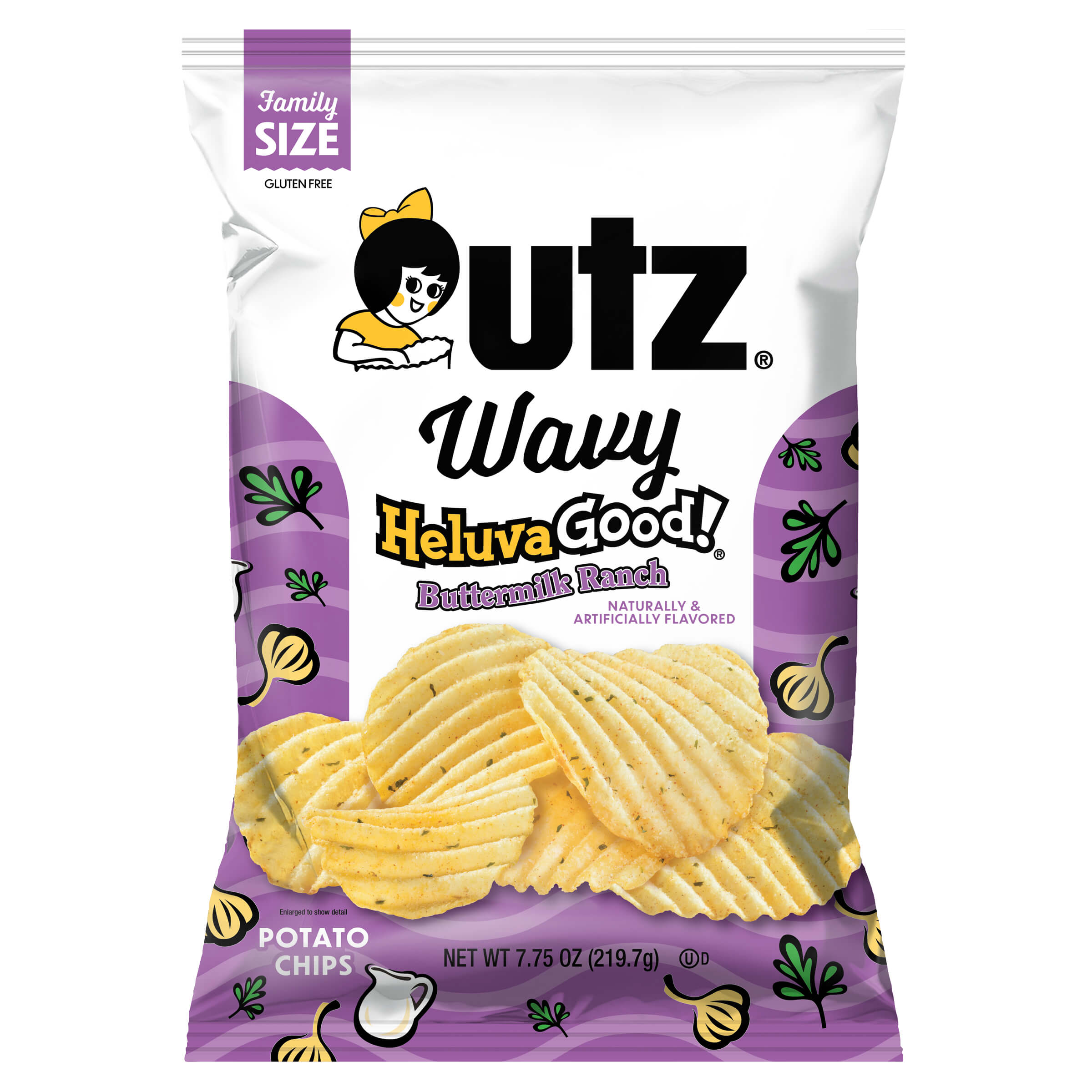 Utz Wavy Heluva Good! Potato Chips family size bag on a white background