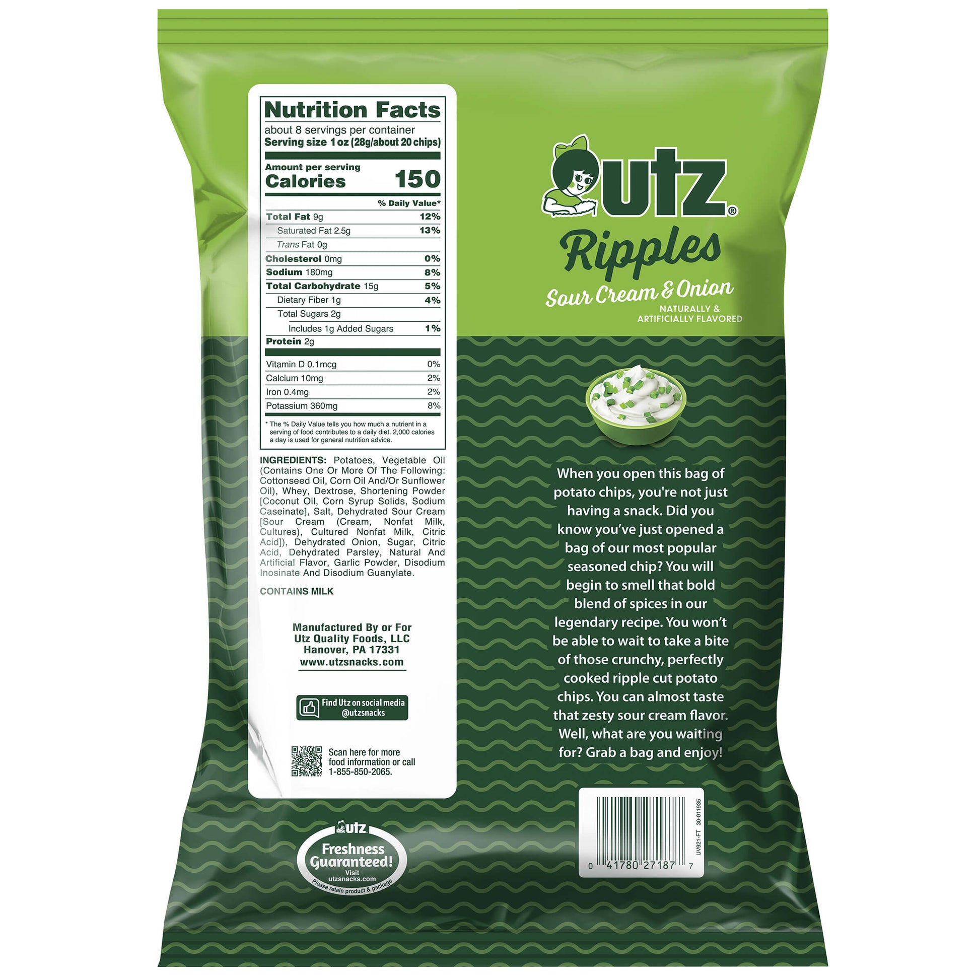 utz Ripples Sour Cream & Onion chip bag with nutrition facts and description on a white background