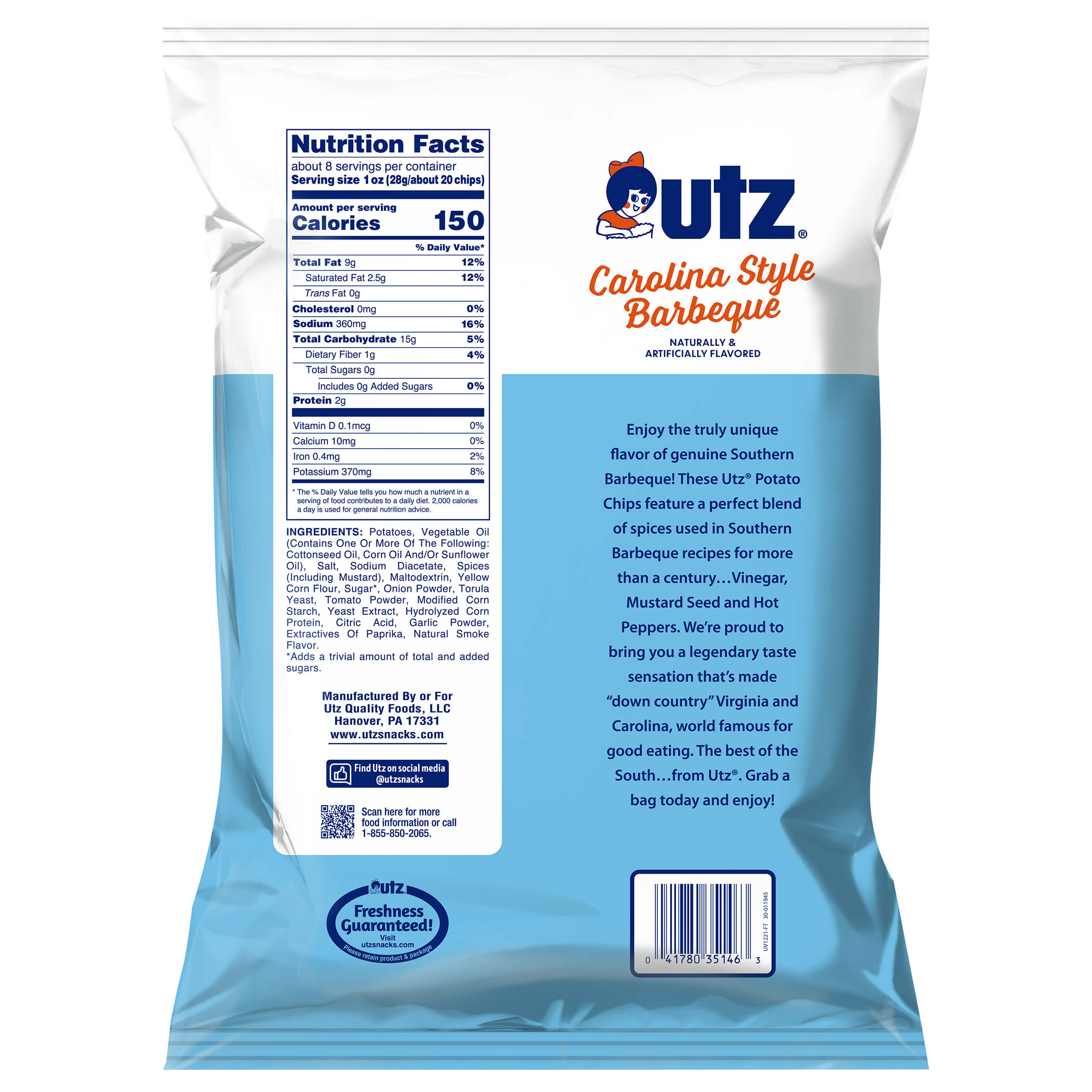 UTZ Carolina Style Barbecue potato chips packaging with nutrition facts and ingredients list.