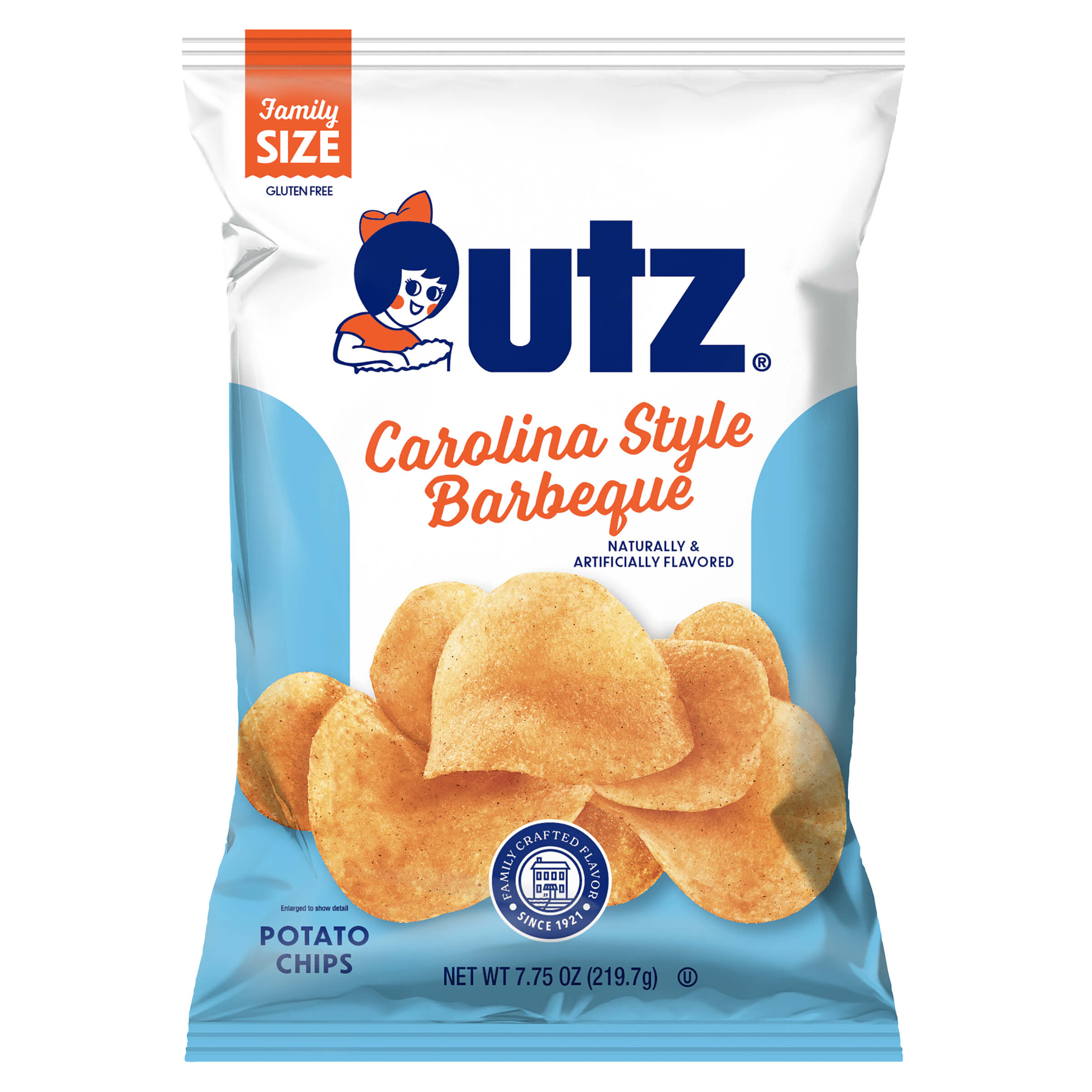 Outz Carolina Style Barbeque potato chips family size bag on a white background