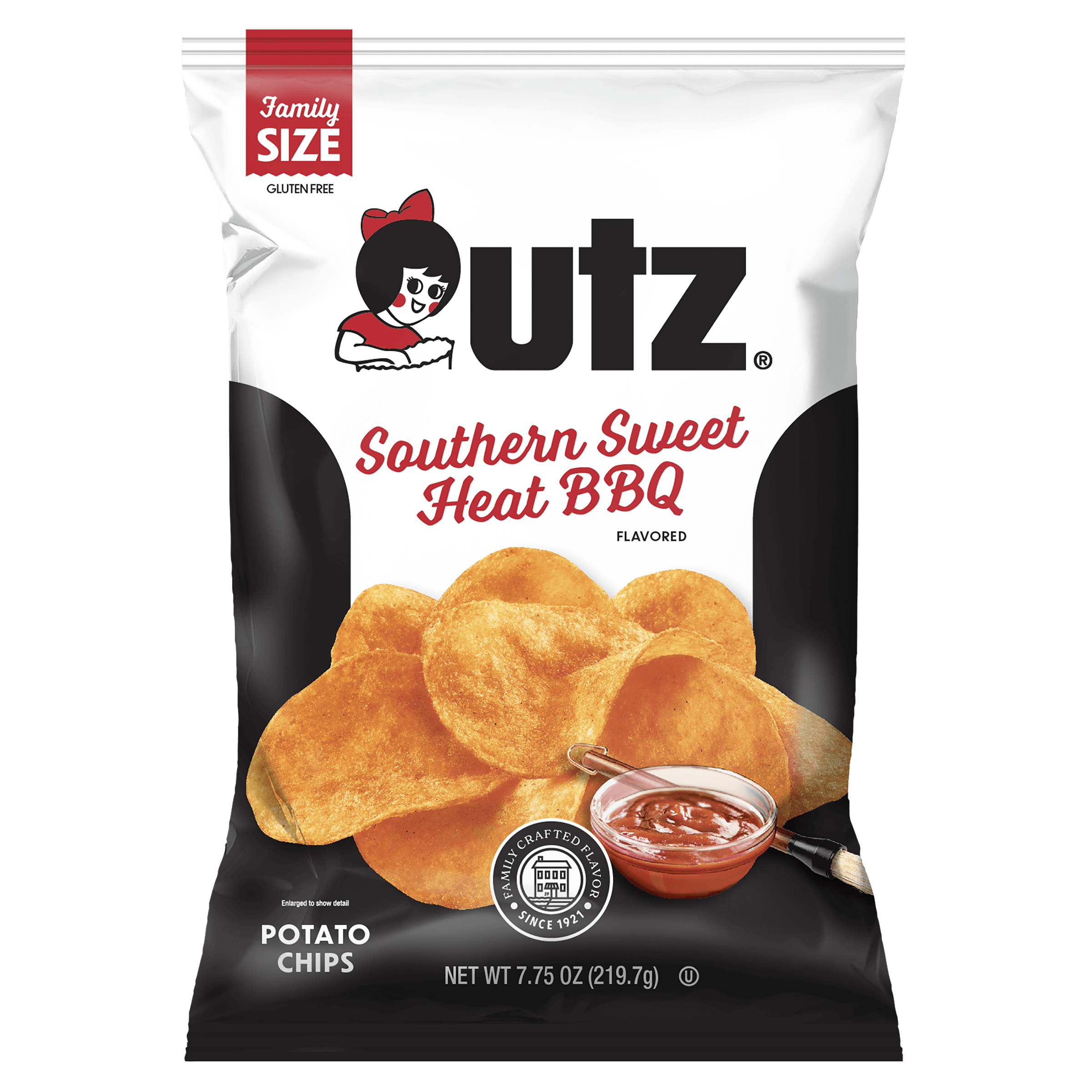 UTZ Southern Sweet Heat BBQ flavored potato chips packaging on a black background