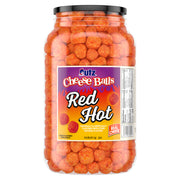 Jar of Red Hot Cheese Balls withutz label on a white background