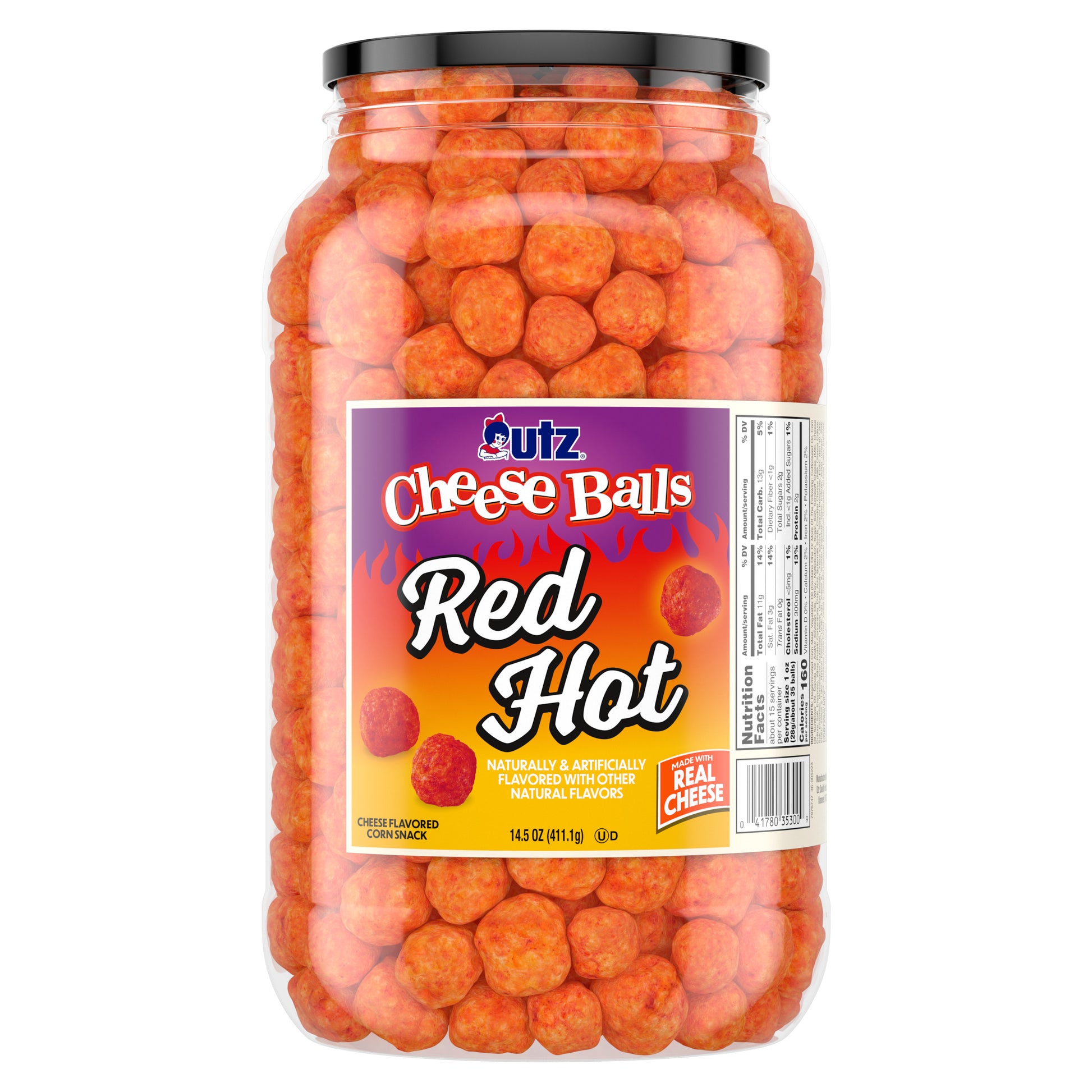 Jar of Red Hot Cheese Balls withutz label on a white background