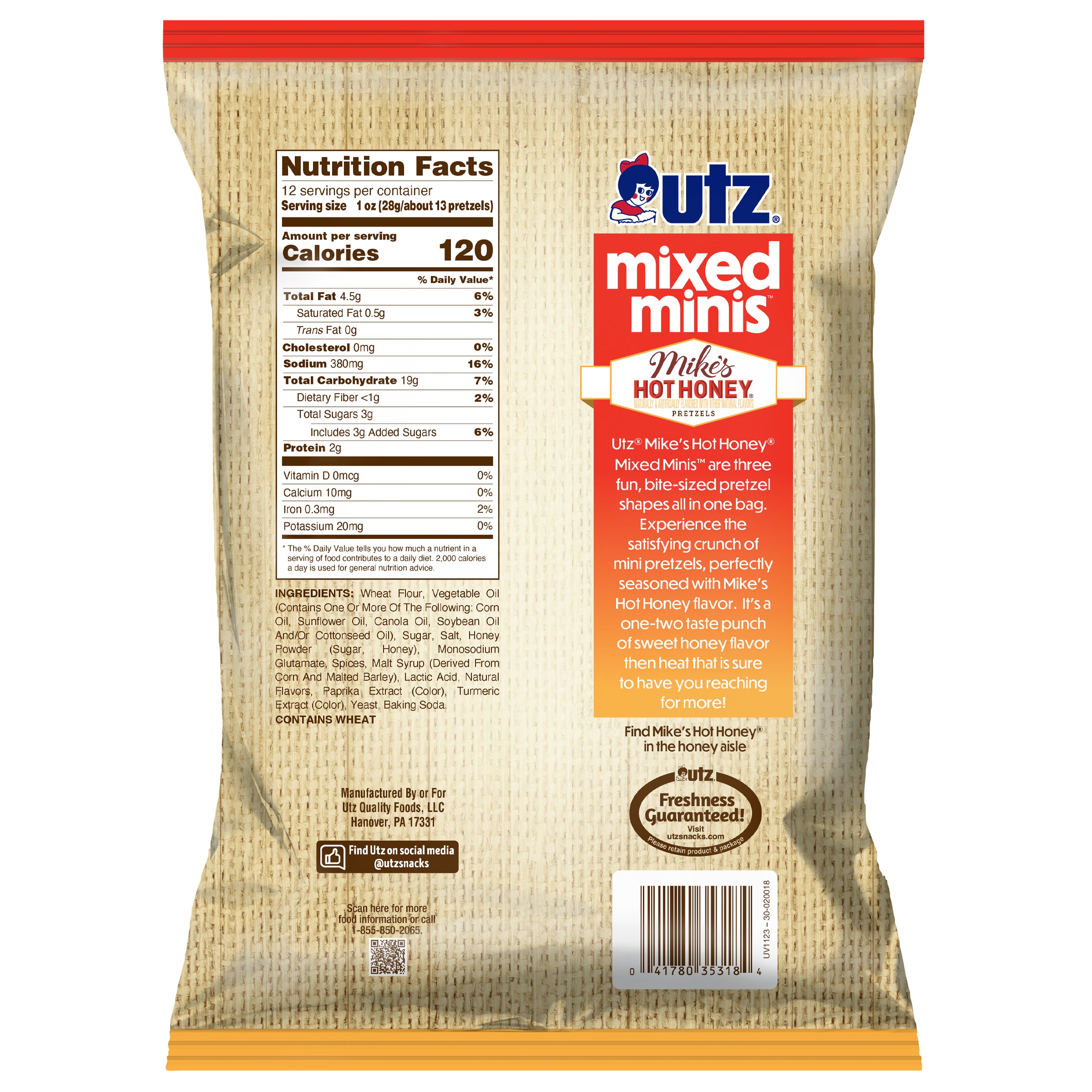 Back of Utz Mixed Minis Mike’s Hot Honey Pretzels bag showing nutrition facts and product description