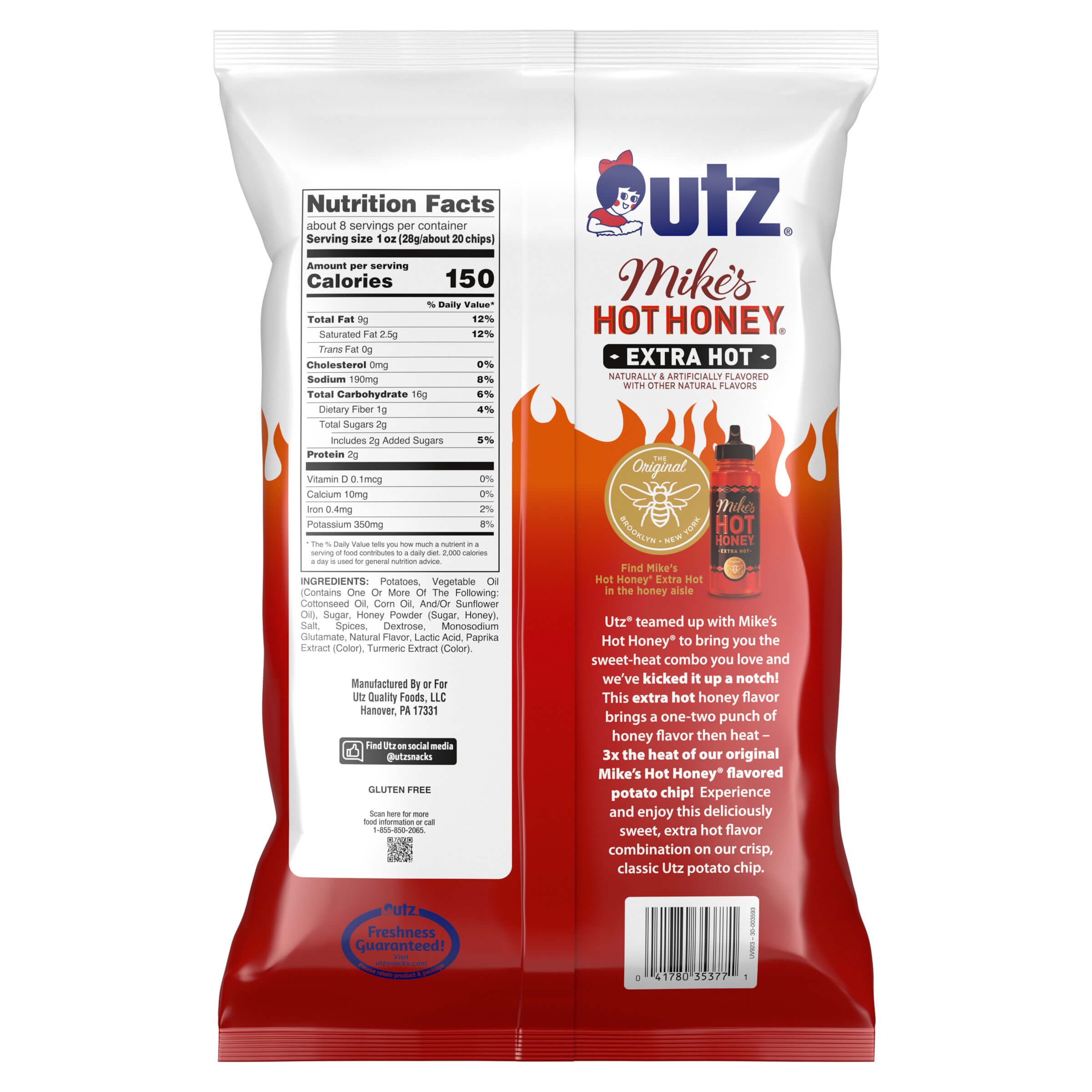 Outz Mike's Hot Honey Extra Hot potato chip bag with nutrition facts label