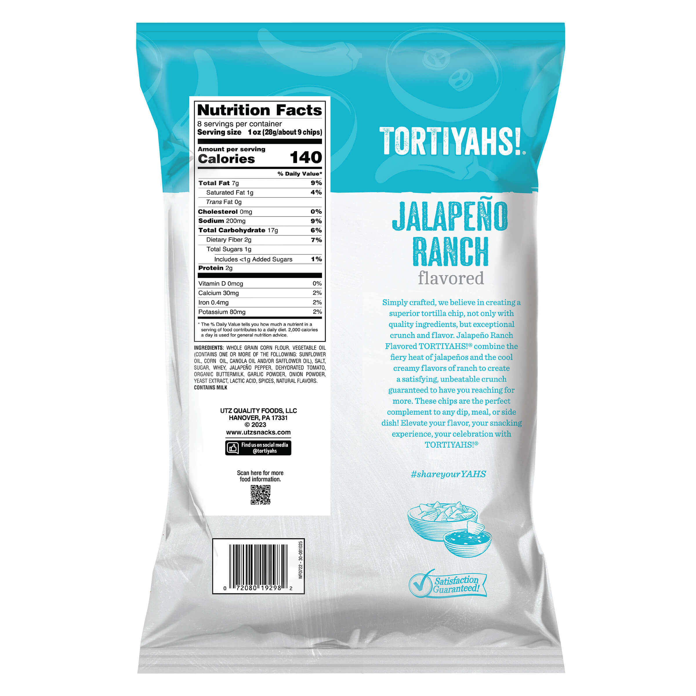 Back view of a Tortiyahs Jalapeño Ranch flavored product packaging with nutritional information.