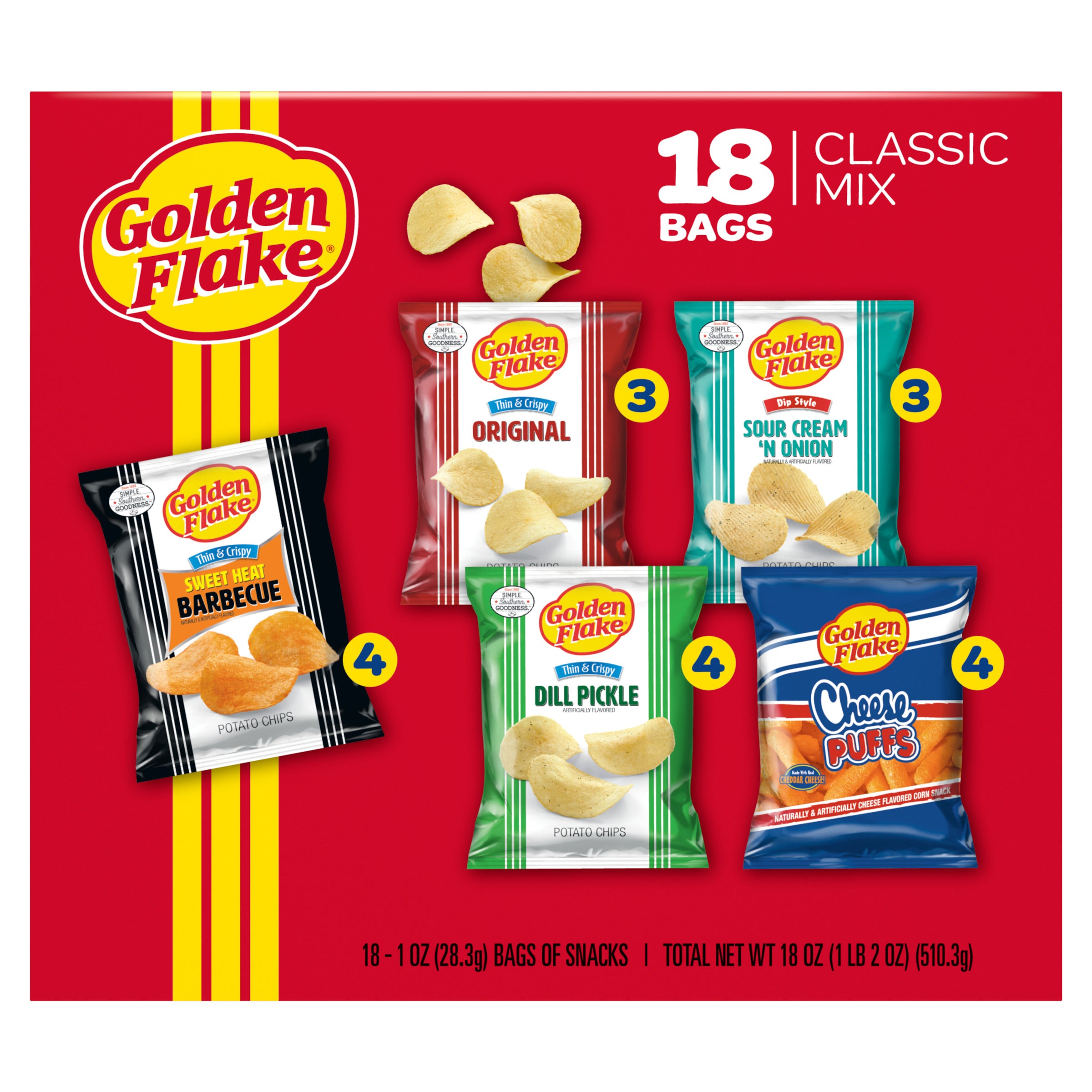 Box of Golden Flake potato chips with various flavors on a red background