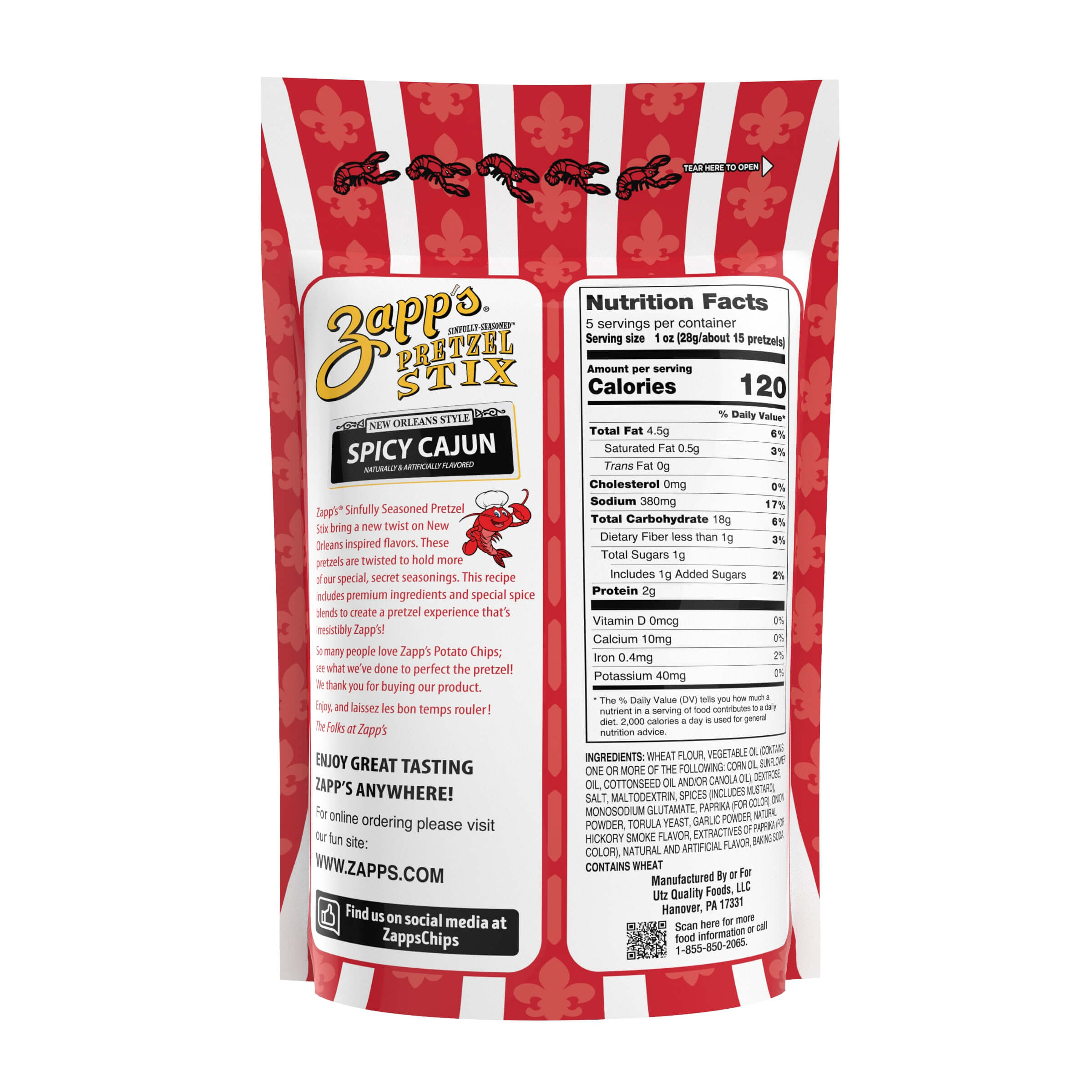 Back of Zapp’s Spicy Cajun Pretzel Stix bag showing nutrition facts and product description