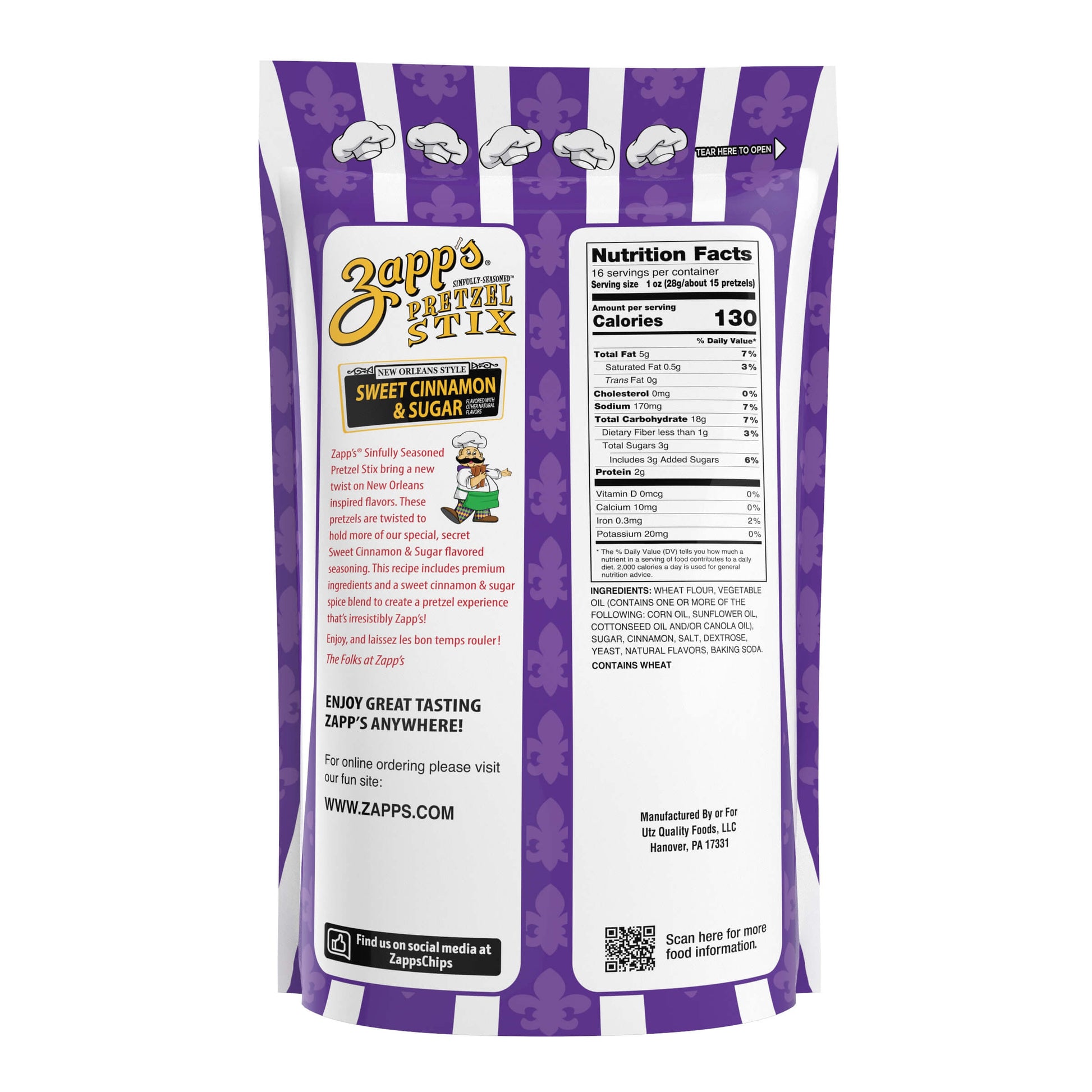 Back of a purple and white striped bag of Zapp's "Praline Stix" pretzels, featuring a character holding a stick and text that says "Sweet Cinnamon & Sugar." The bag also displays nutrition facts.