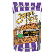 Bag of Zapp's Sweet Cinnamon & Sugar Pretzel Stix with purple and white striped design.