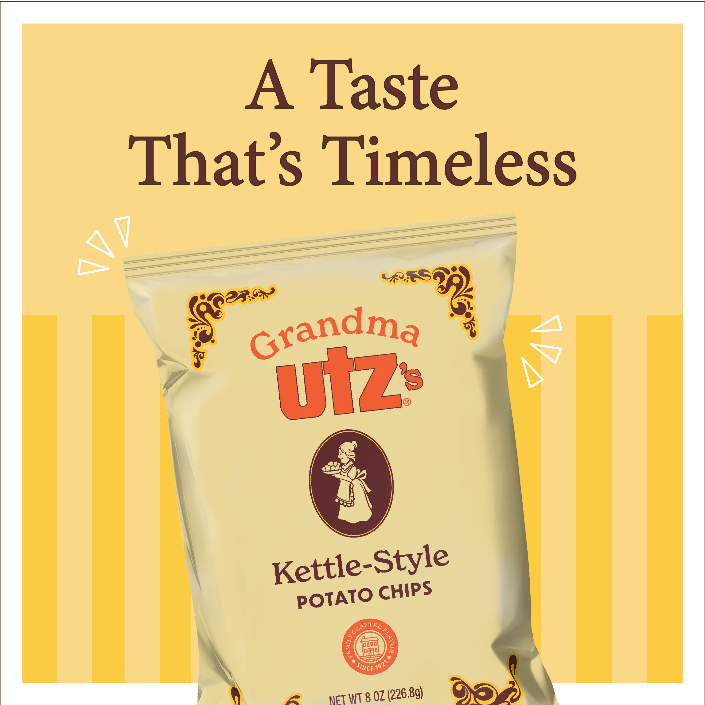 Grandma Utz's Kettle-Style Potato Chips packaging on a yellow background with text 'A Taste That's Timeless'.
