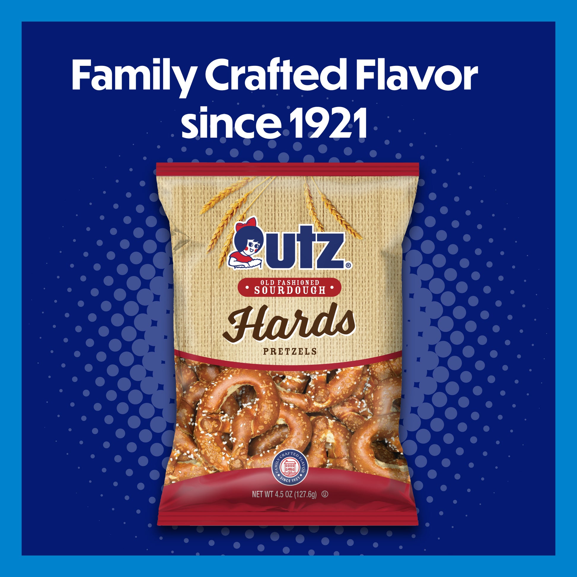 UTZ Hards Pretzels packaging on a blue background with text 'Family Crafted Flavor since 1921'.
