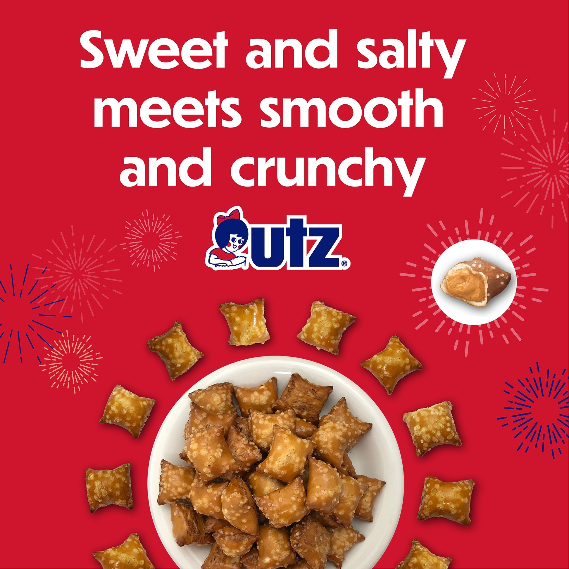 UTZ snack packaging with text 'Sweet and salty meets smooth and crunchy' on a red background.