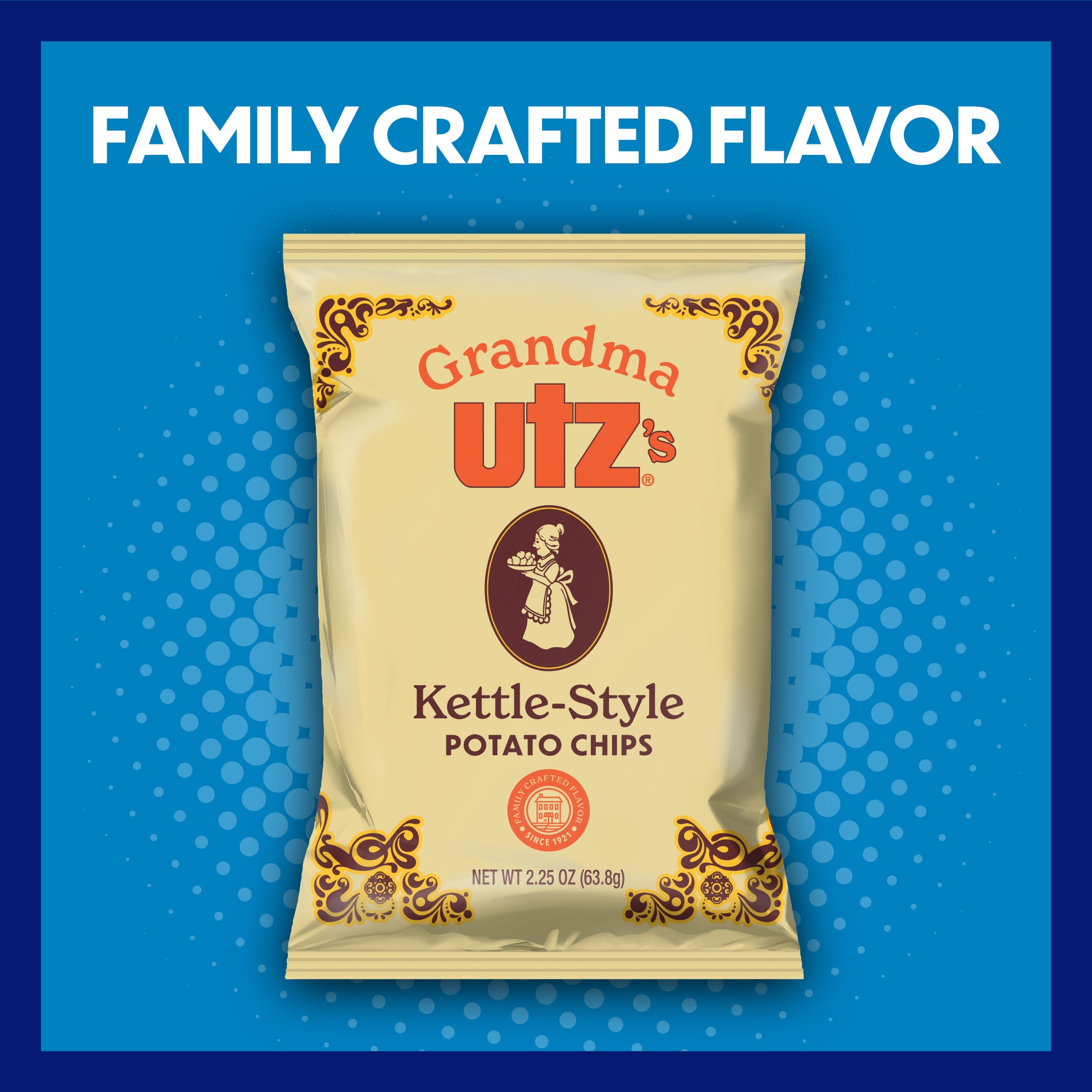 Grandma Utz Kettle-Style Potato Chips packaging on a blue background with text 'Family Crafted Flavor'.