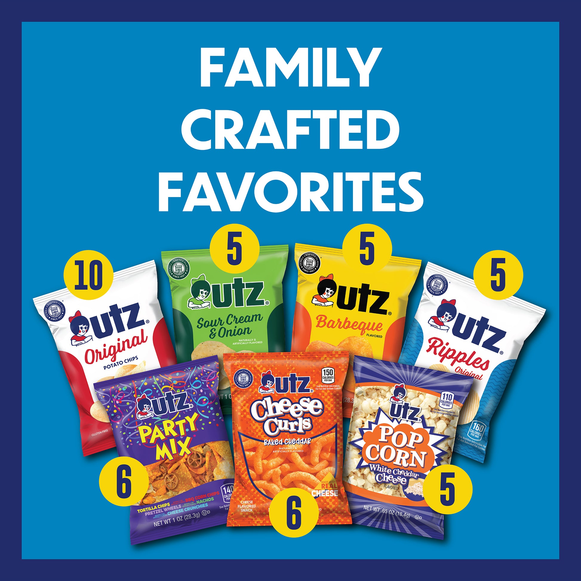 Assorted Utz snack packages on a blue background with 'Family Crafted Favorites' text.