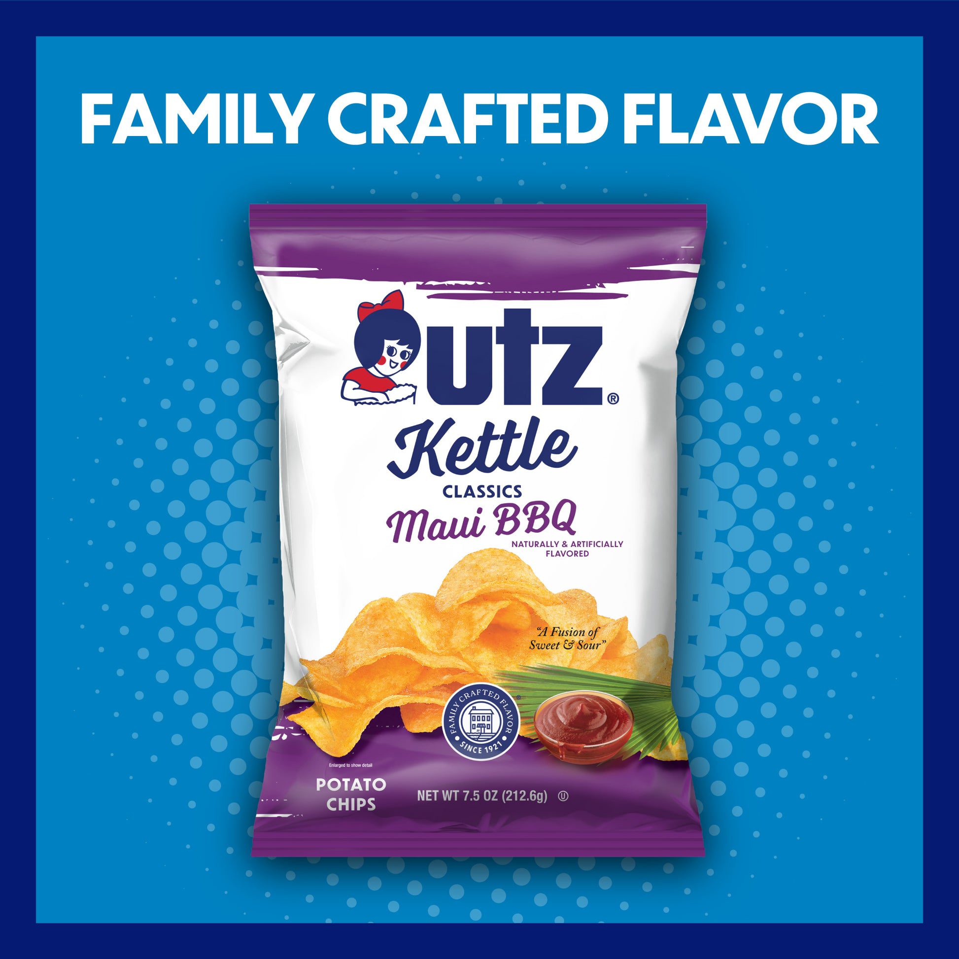 UTZ Kettle Classics Maui BBQ potato chips packaging on a blue background with text 'Family Crafted Flavor'.