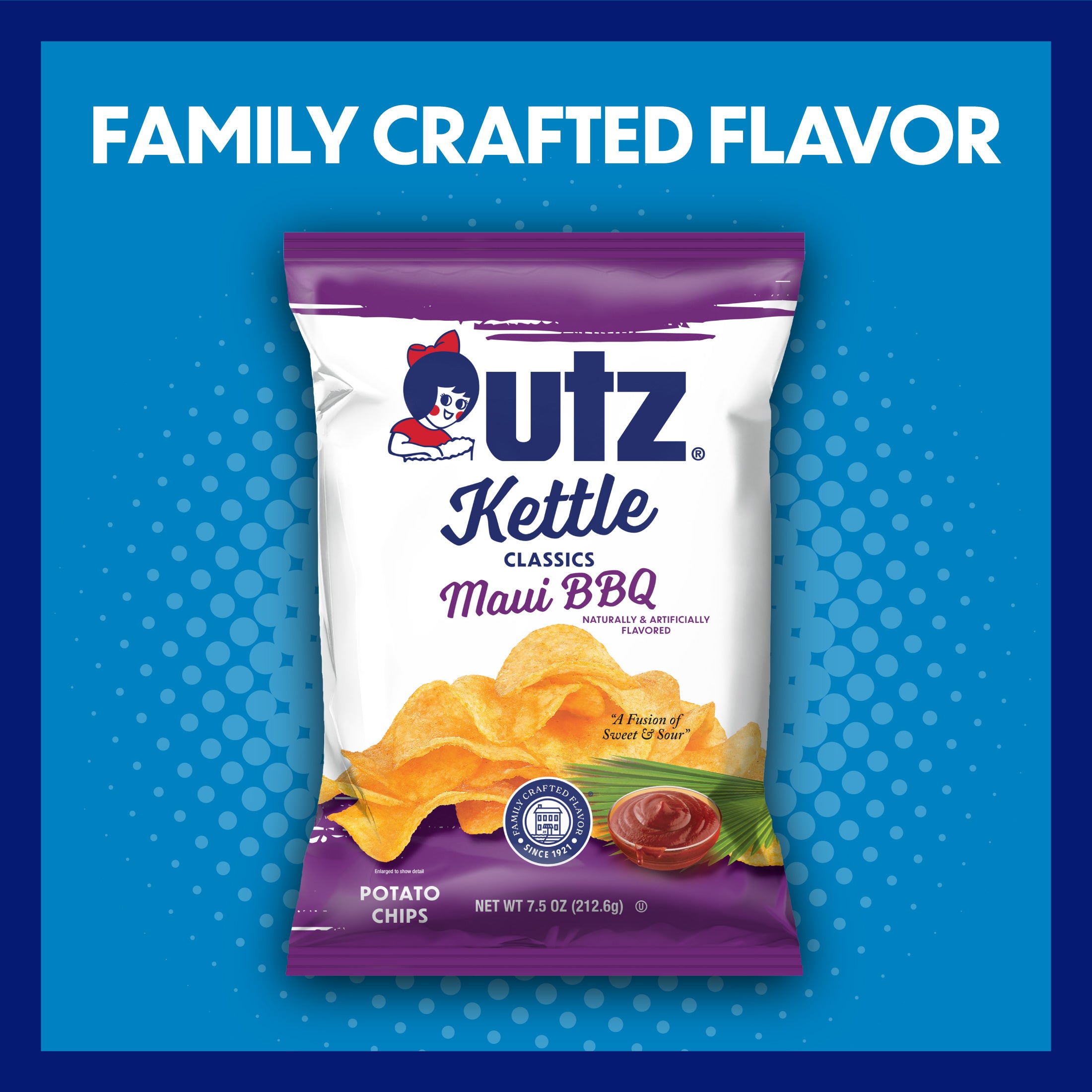 UTZ Kettle Classics Maui BBQ potato chips packaging on a blue background with text 'Family Crafted Flavor'.