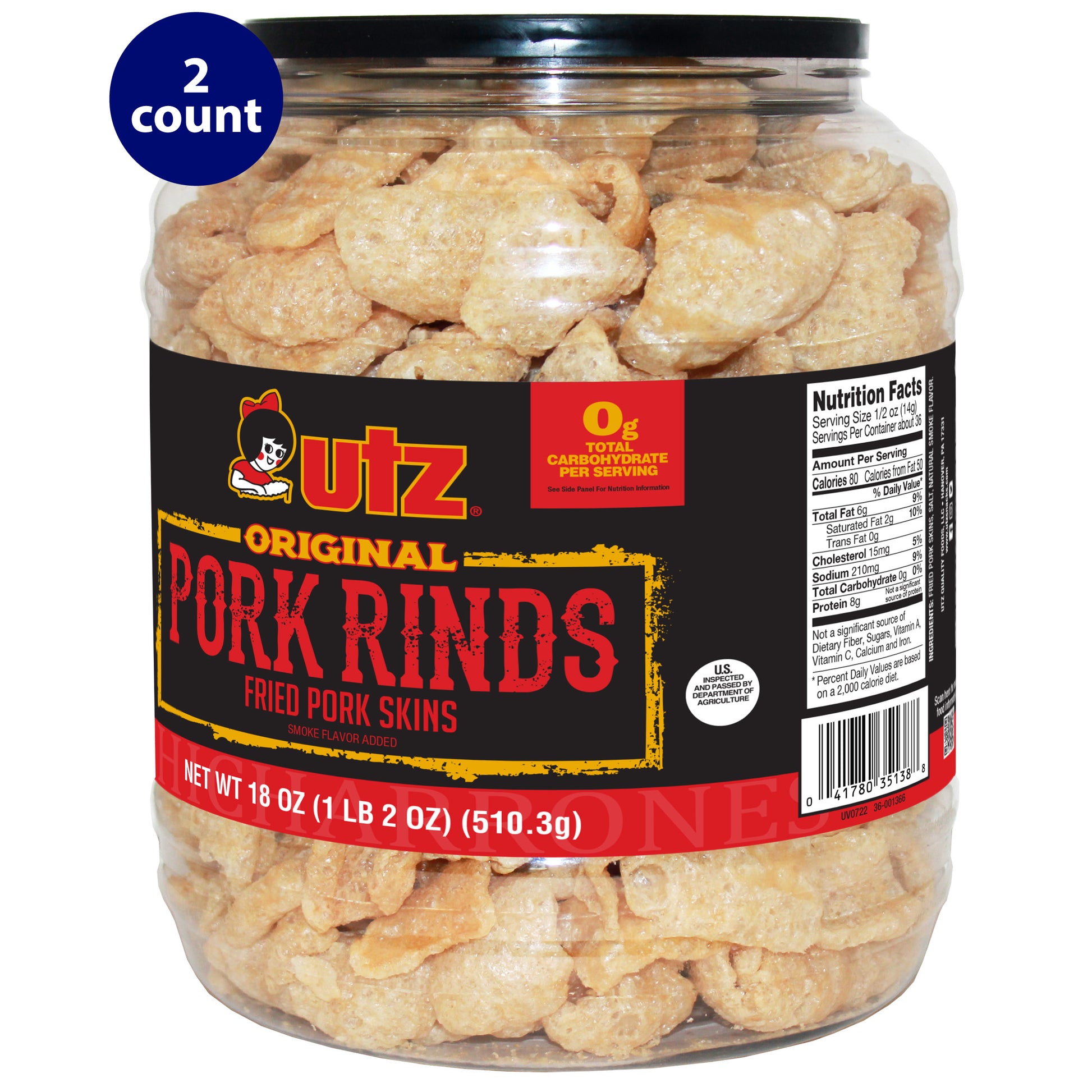 A large plastic jar of Utz Original Pork Rinds, labeled 'Fried Pork Skins' with 0 grams of total carbohydrates per serving. The container holds 18 oz (1 lb 2 oz or 510.3g) of pork rinds, with a nutrition label visible on the side showing serving details and ingredients. The packaging also displays a red banner with the Utz logo and the words 'Original Pork Rinds' in bold red and yellow text.