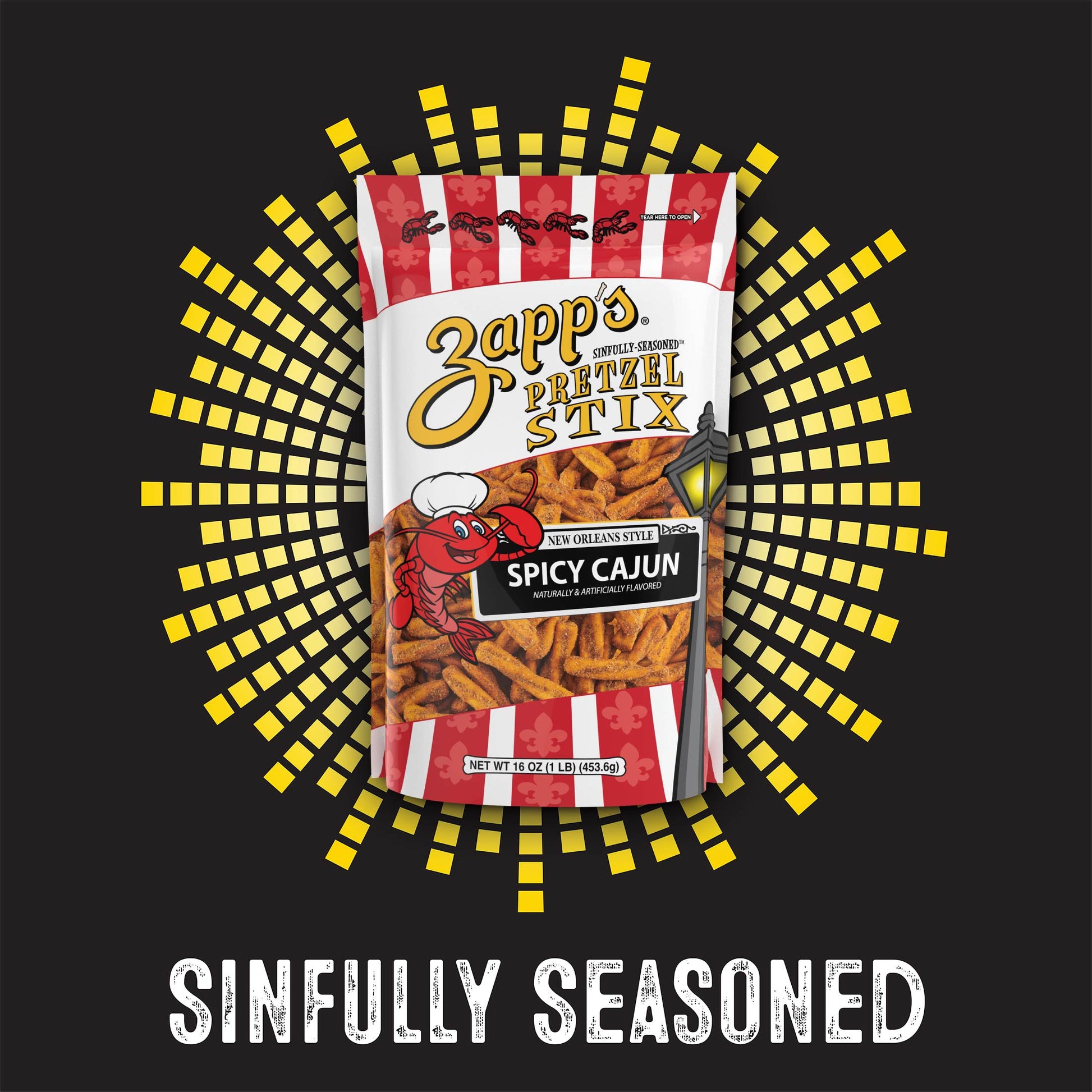 Packaging of Zapp's Spicy Cajun Pretzel Stix with decorative elements on a black background.