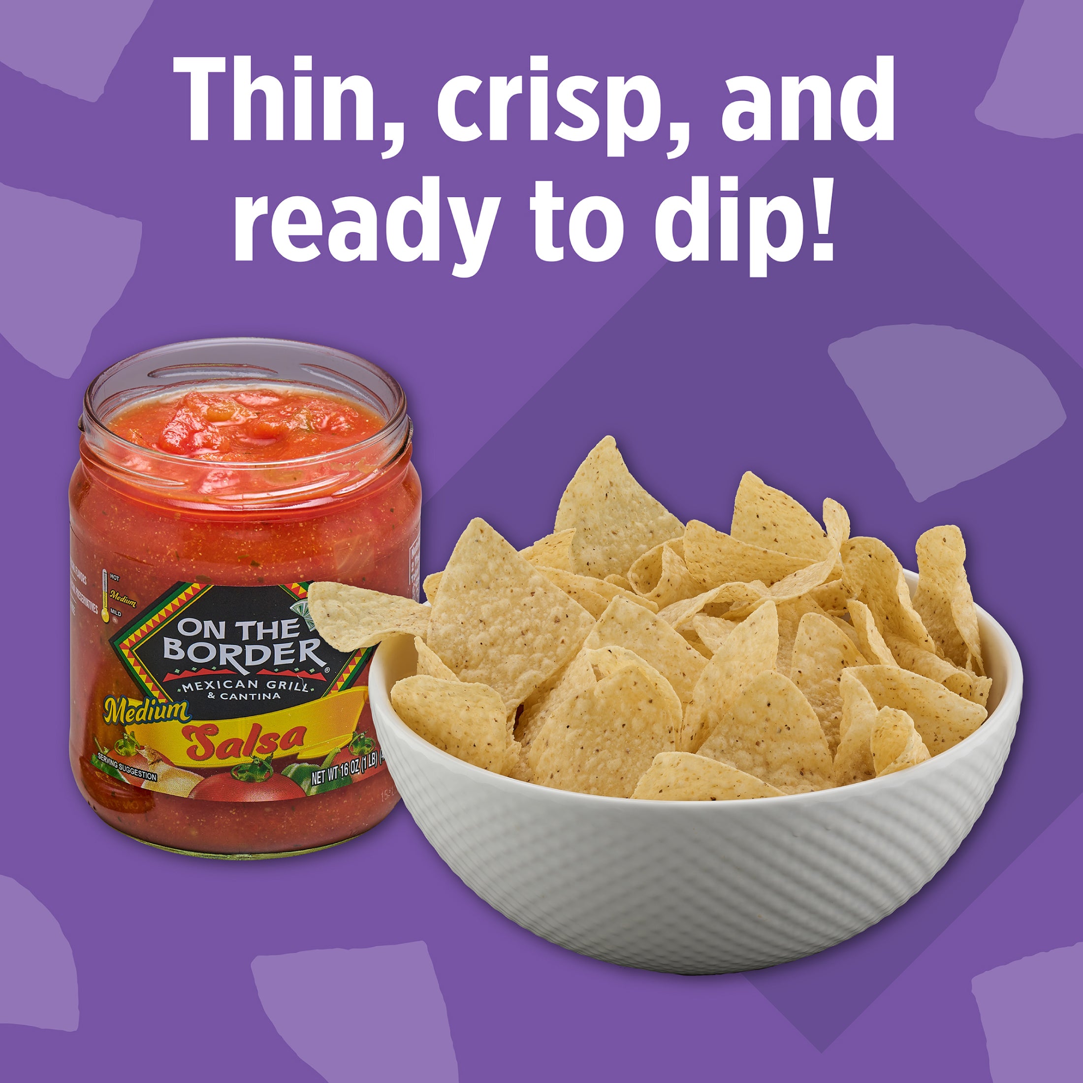 Bowl of tortilla chips next to a jar of salsa with text on a purple background