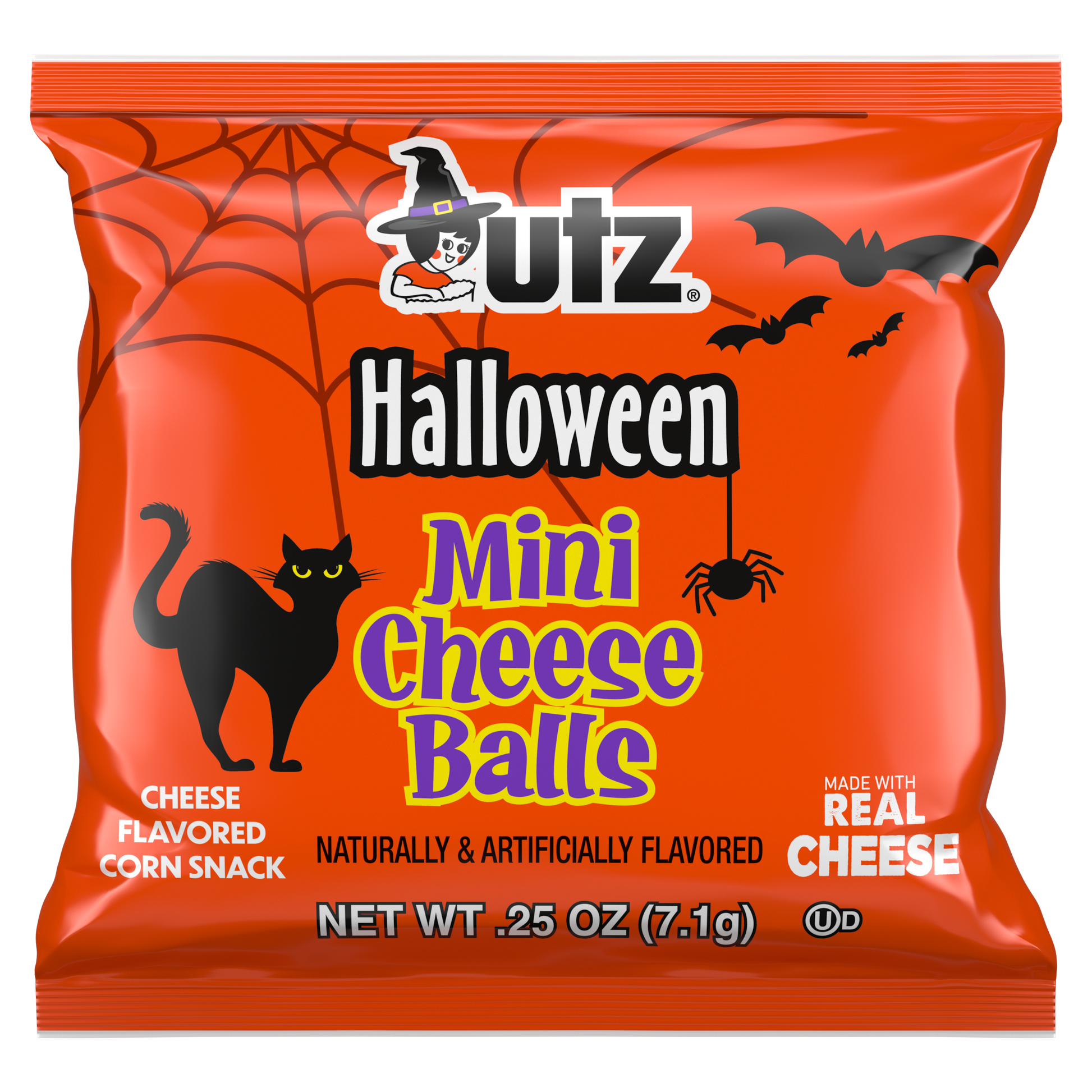 Butz Halloween Mini Cheese Balls snack package with orange background and Halloween-themed graphics.