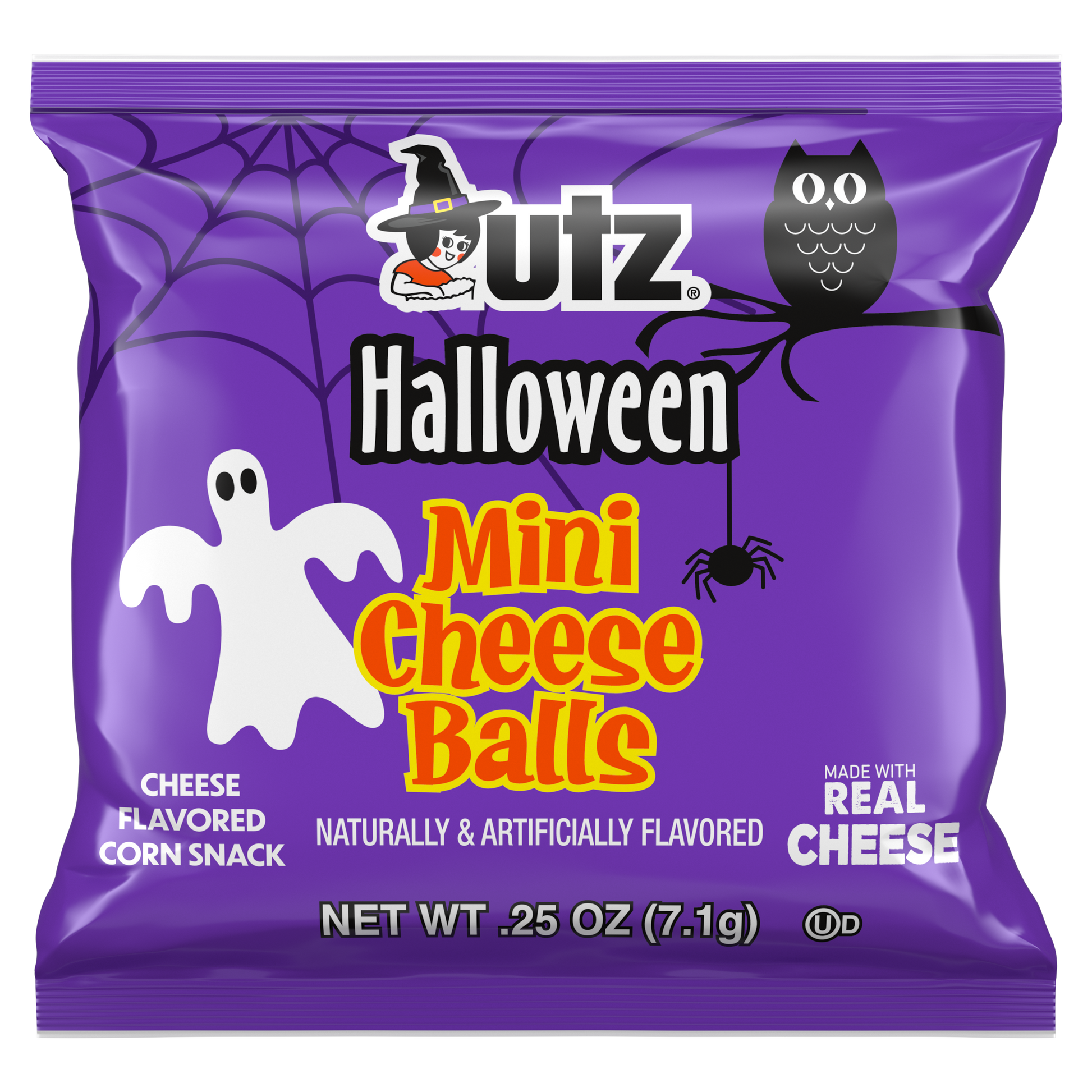 Purple package of Utz Halloween Mini Cheese Balls with Halloween-themed graphics on a white background.