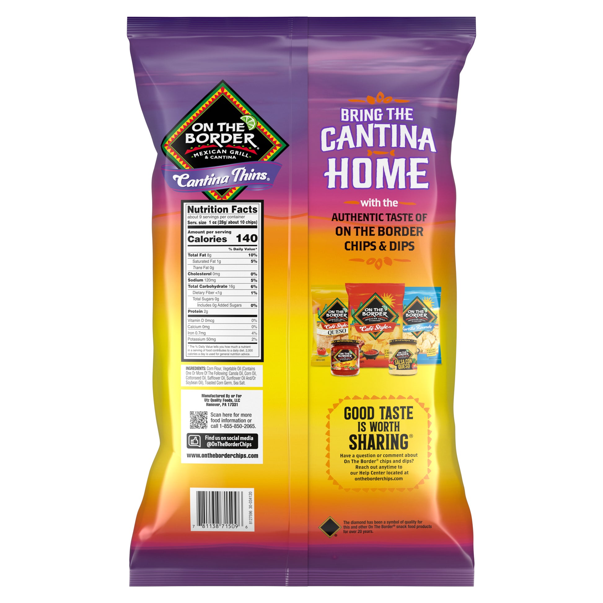On the Border Cantina Thins packaging with branding and product information.