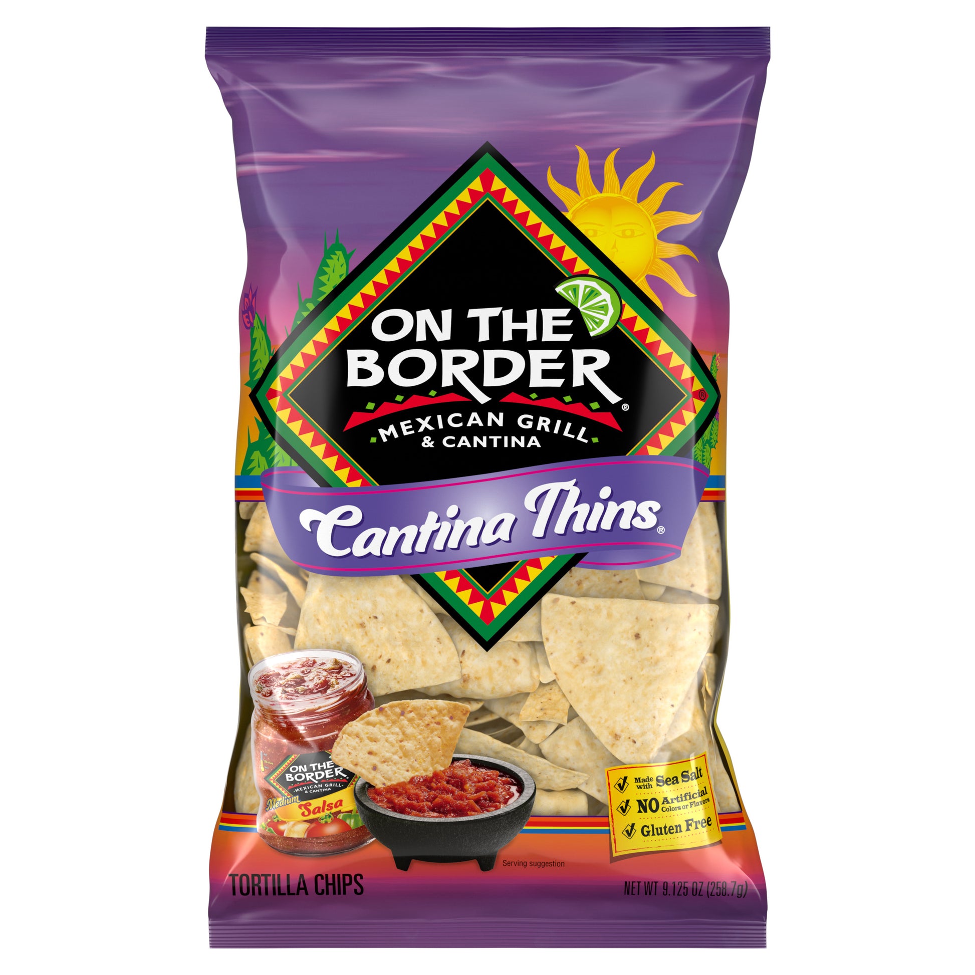 Packaging of 'On The Border Cantina Thins' tortilla chips with purple border and colorful design.