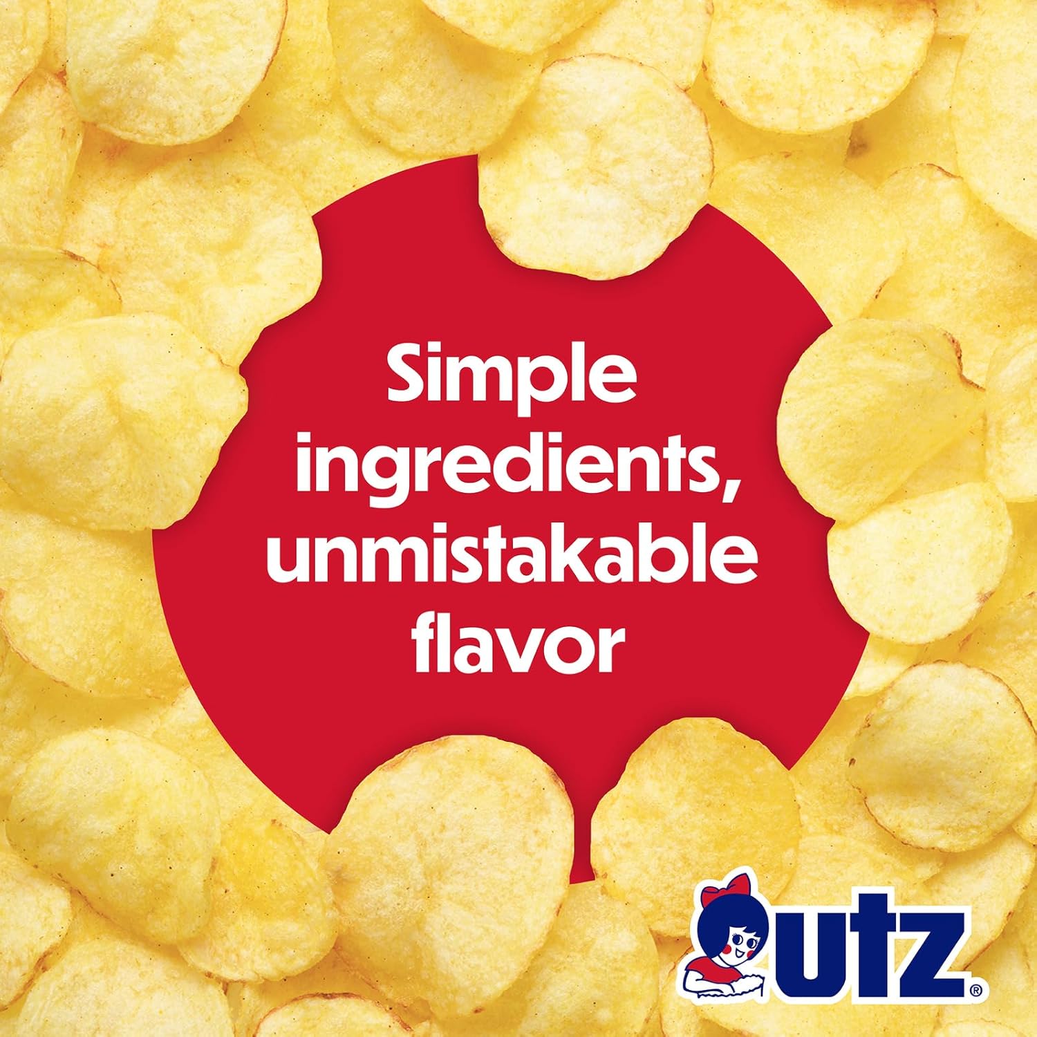 UTZ potato chips with a red speech bubble and brand logo.