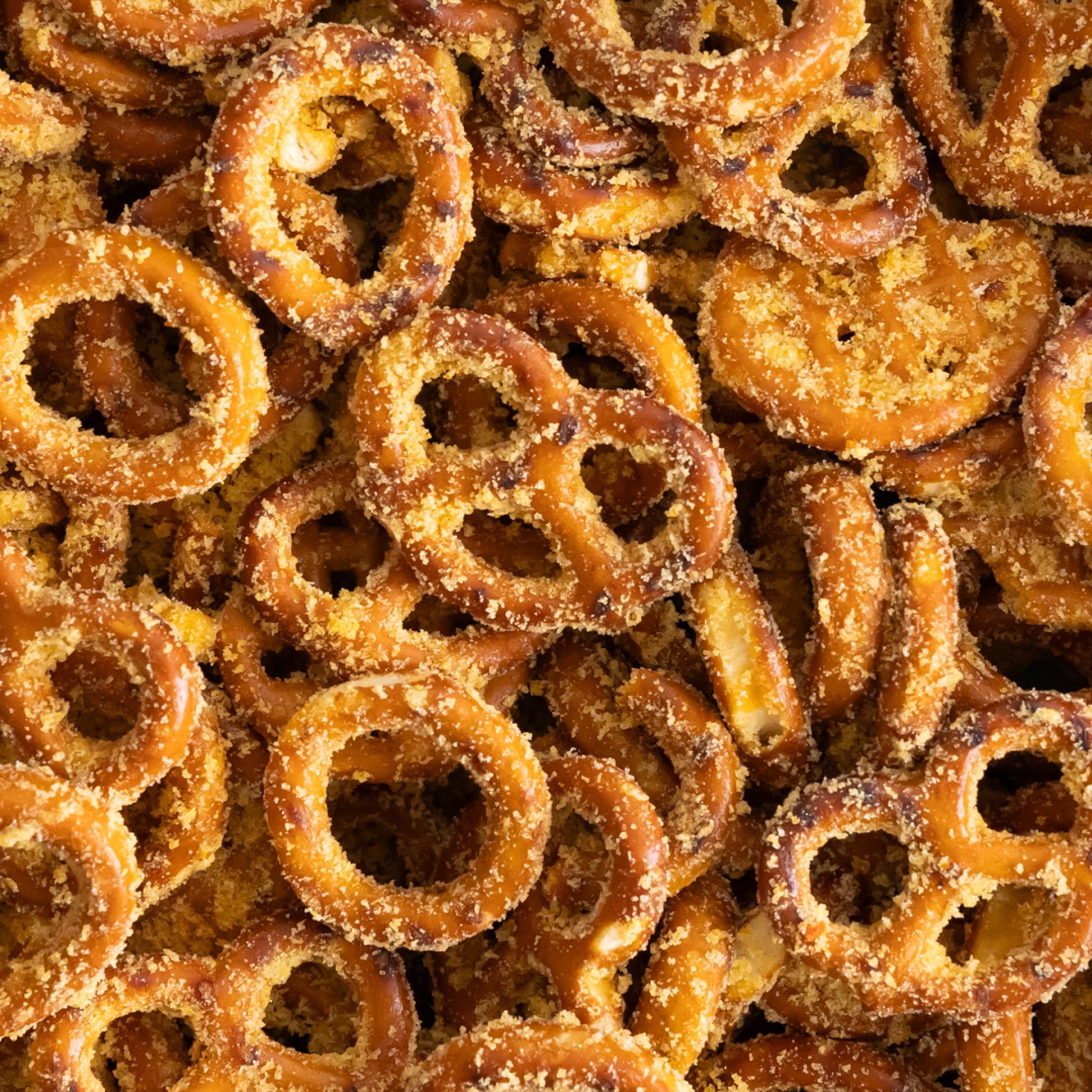 Close-up of sugared pretzels with a brown sugar coating.