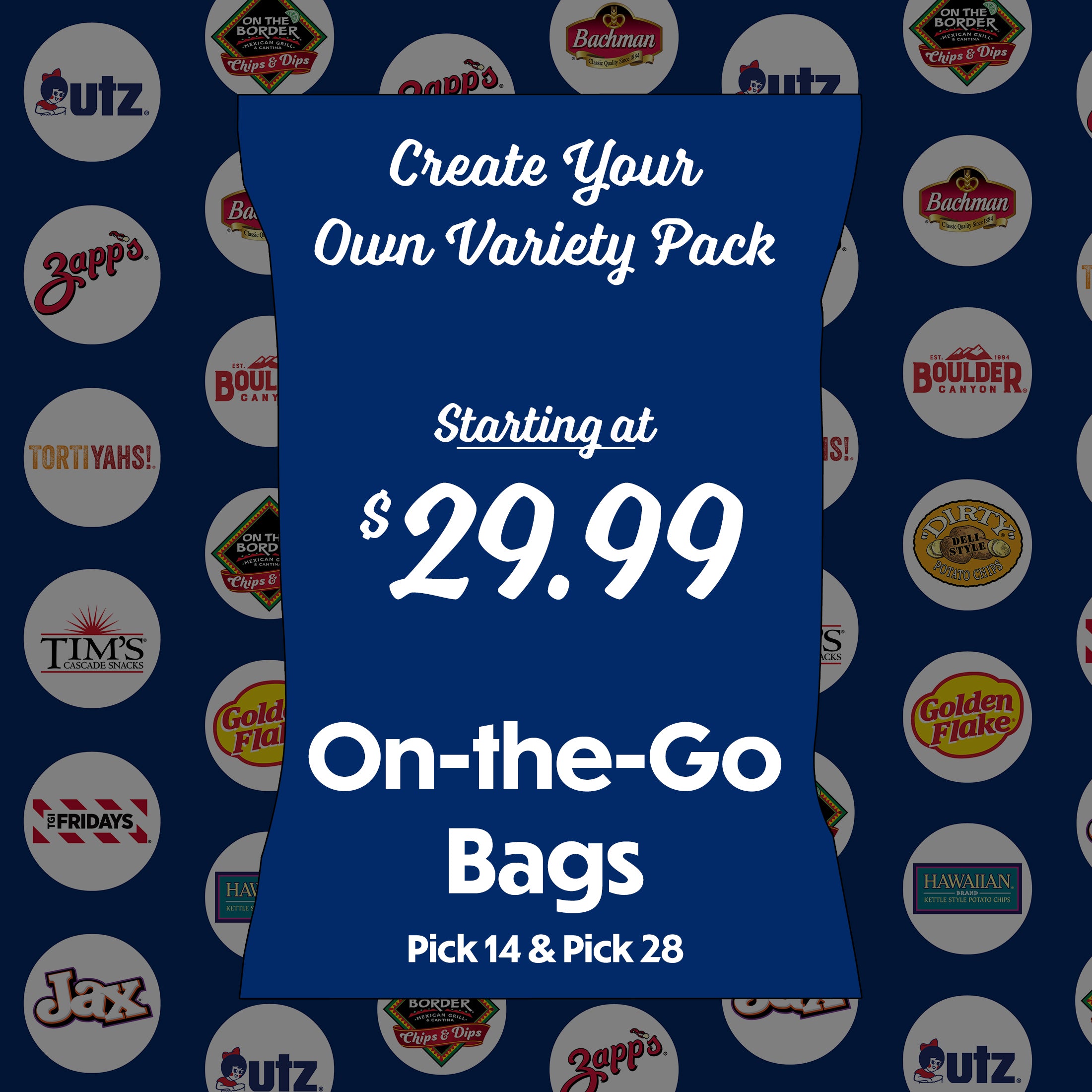 Promotional graphic for creating a variety pack of on-the-go bags with brand logos in the background.
