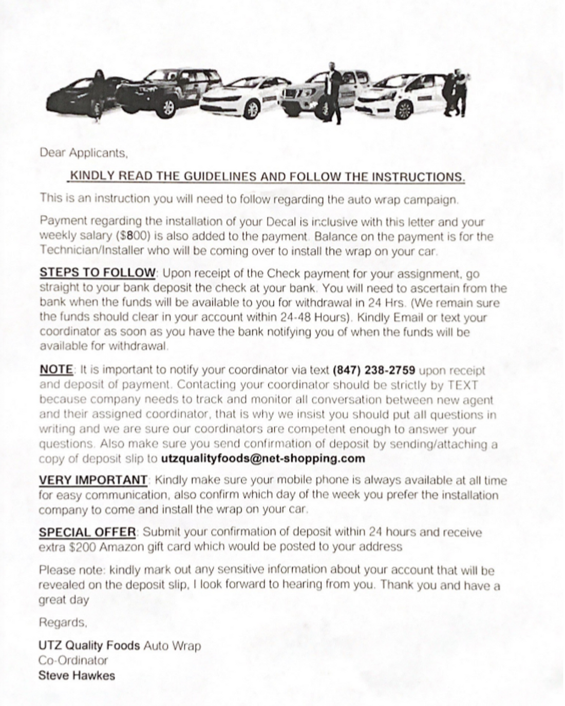 Letter with instructions for car wrap payment and installation process, featuring images of cars and people.
