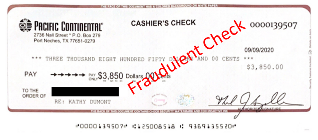 Cashier's check with red text indicating 'Fraudulent Check' on a white background