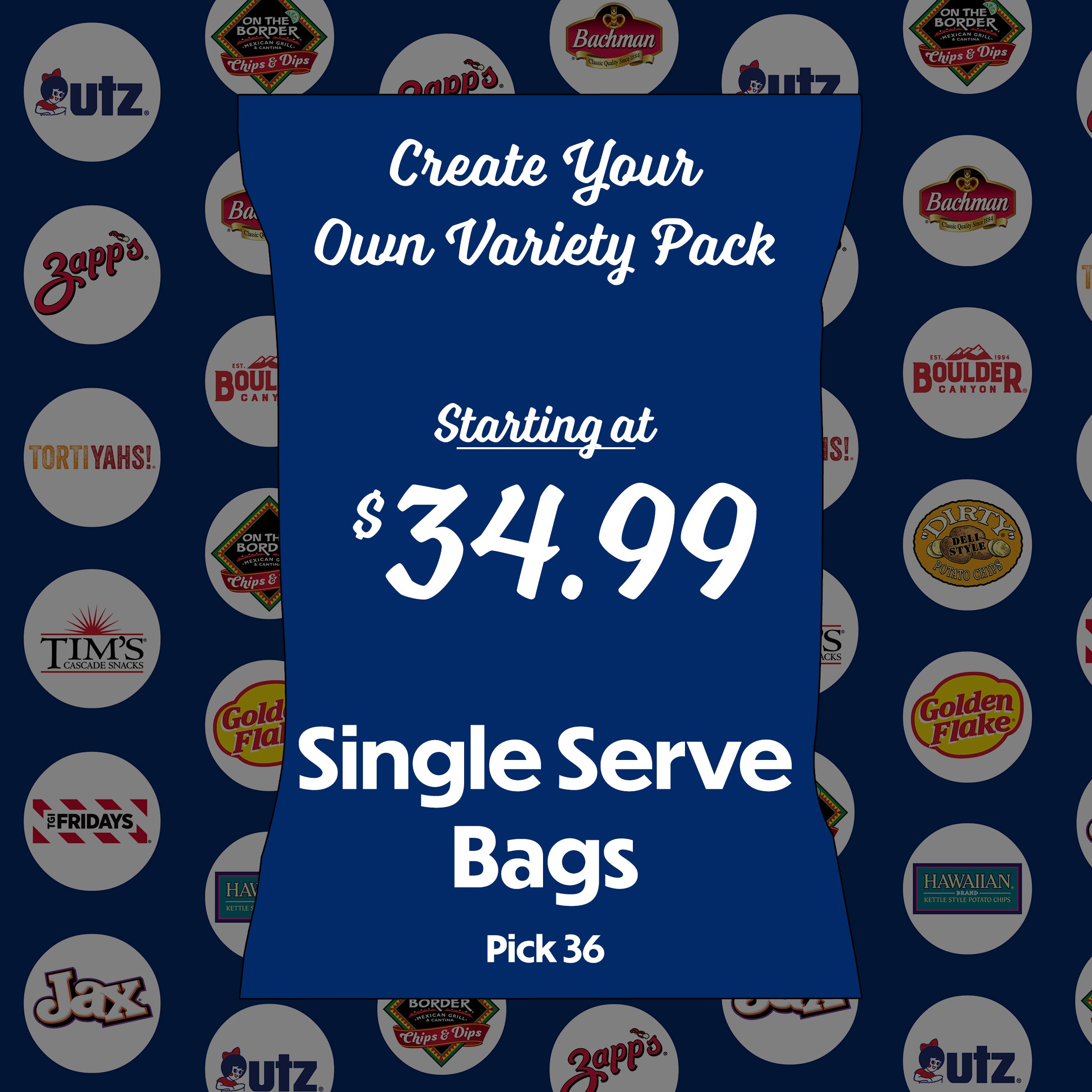 Promotional graphic for creating a variety pack of single serve bags with brand logos in the background.