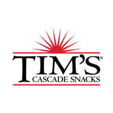 Logo of Tim's Cascade Snacks with a red sun-like symbol on a white background