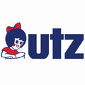 Logo of Utz with a character holding a snack on a white background