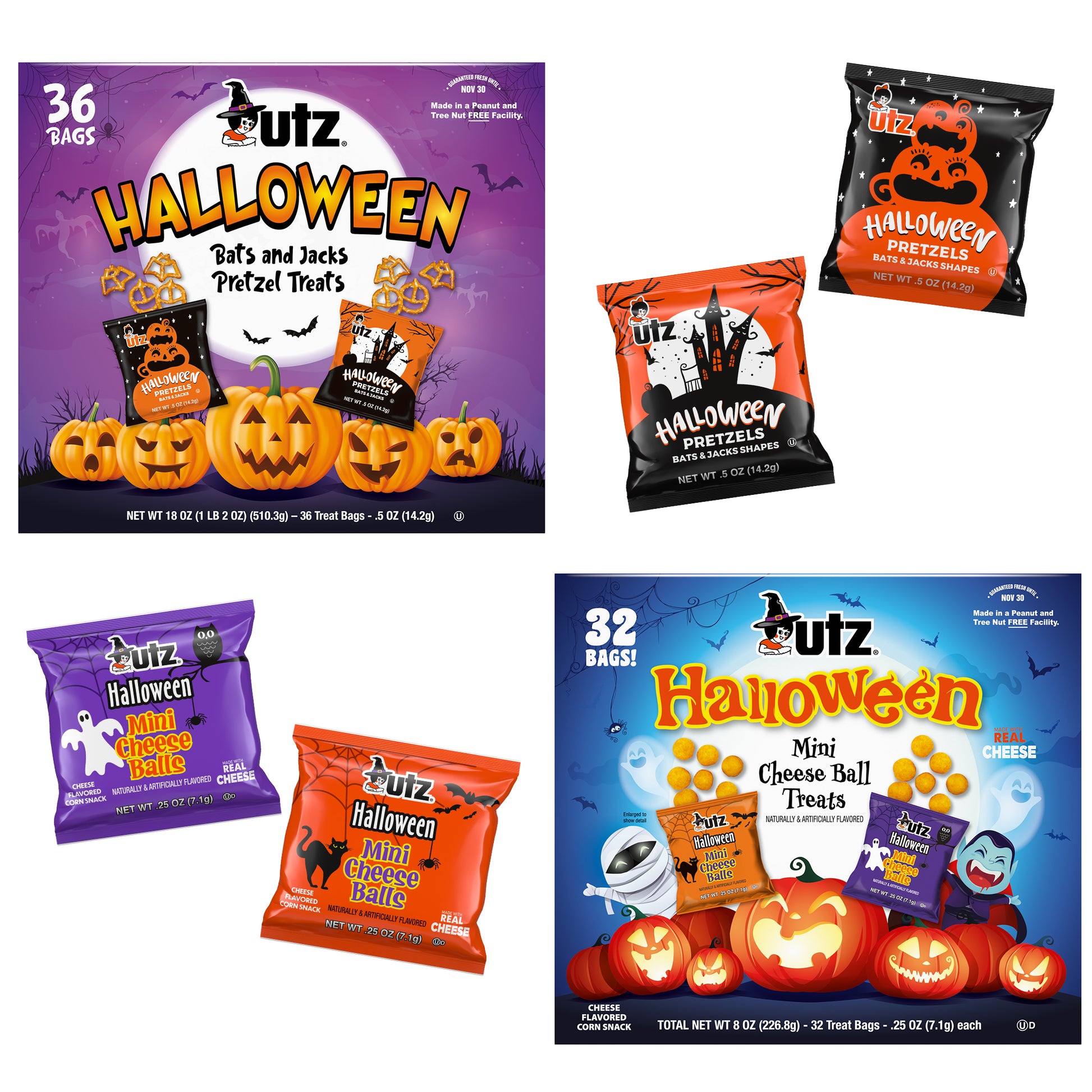 UTZ Halloween snack packages with pumpkins and spooky designs on a white background