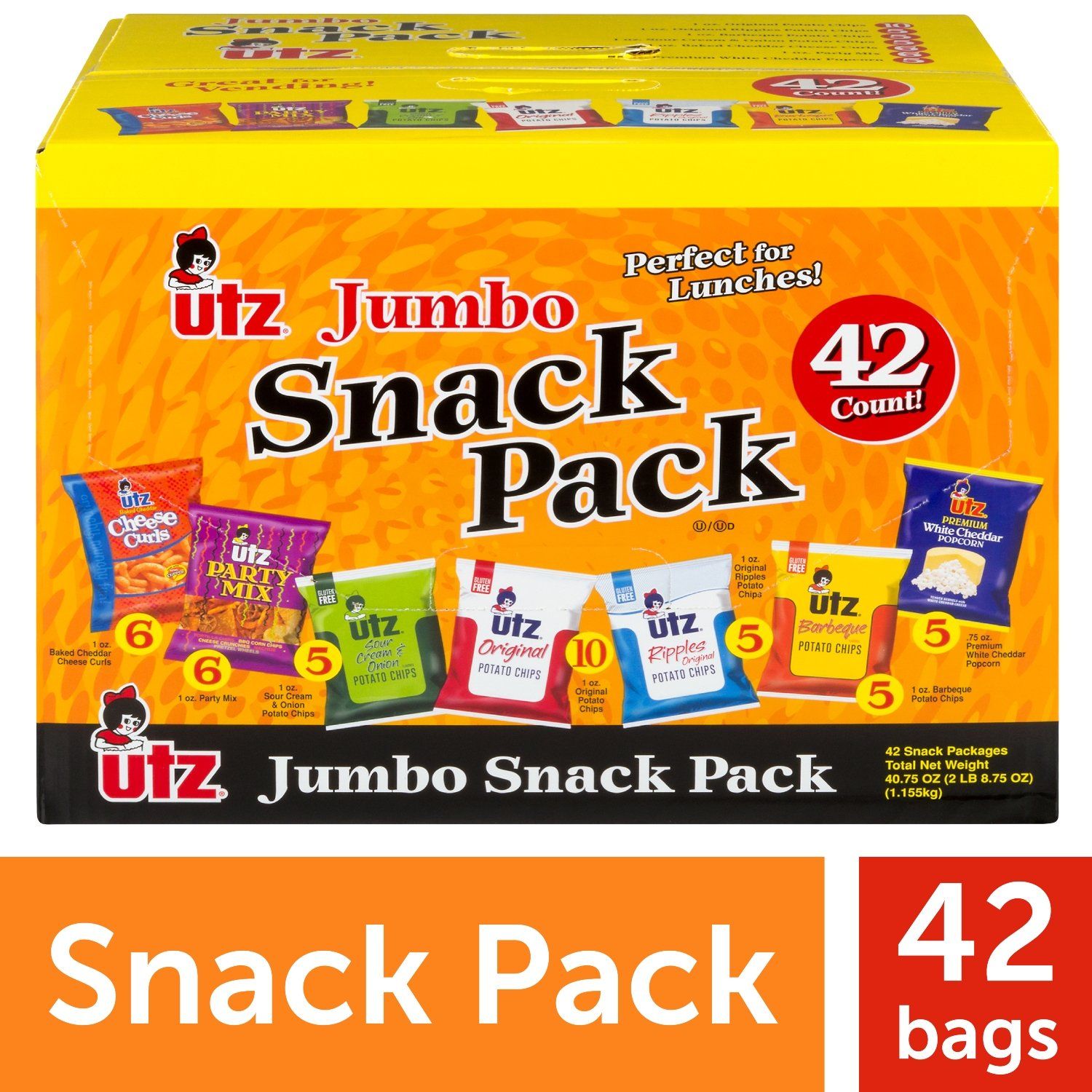 Utz Jumbo Snack Variety Pack, Snack Pack, Chip Snacks, Chips, Chips Variety Pack, 42 count 40.75 oz. Variety Packs And Single Serve Utz 