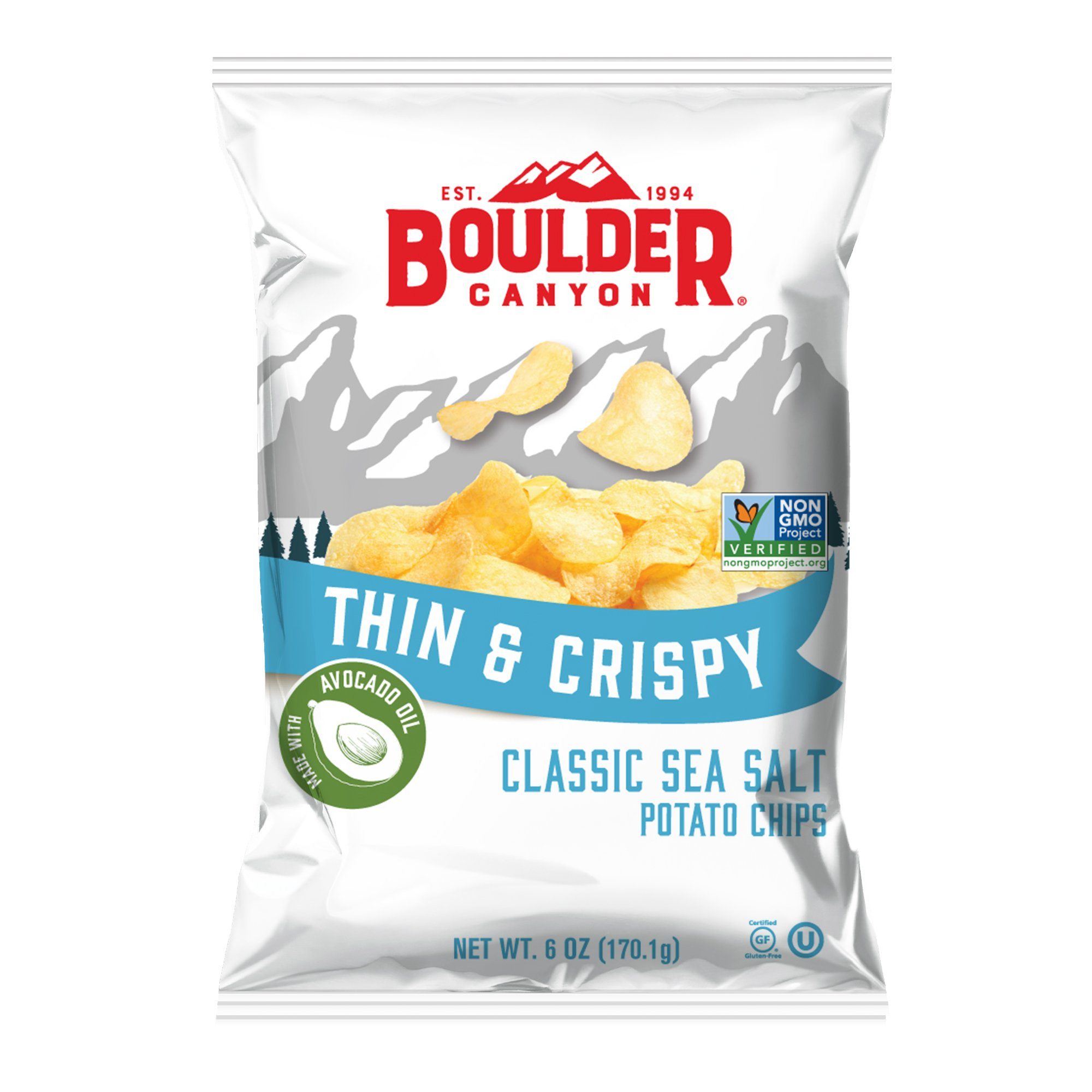 Boulder Canyon Thin & Crispy Avocado Oil Potato Chips, Classic Sea Salt Kettle Chips Boulder Canyon 6 oz. - 12 count 