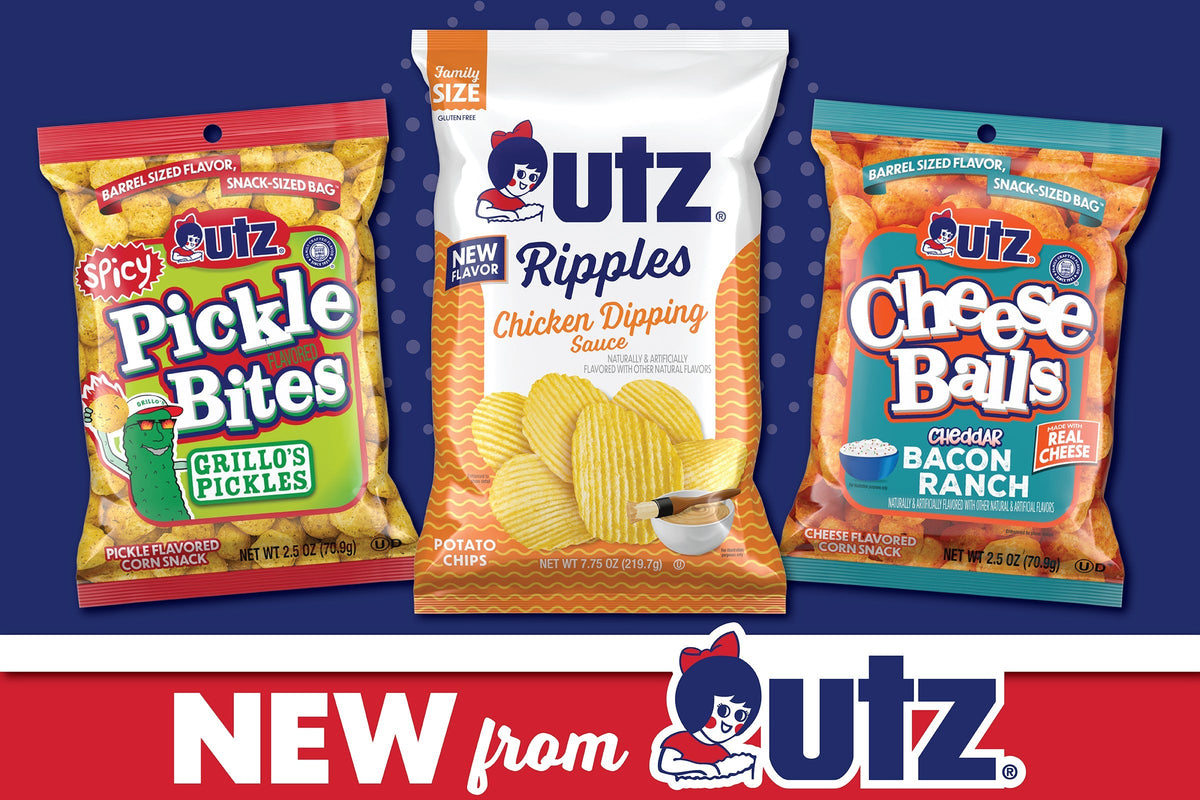 Bags of new Utz Spicy Pickle Bites, Ripples Chicken Dipping Sauce Potato Chips and Cheddar Bacon Ranch Cheese Balls