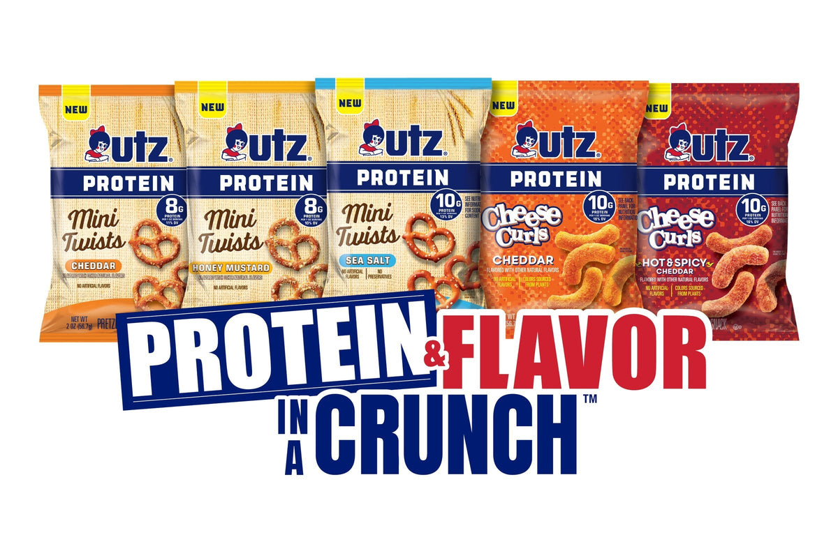 Bags of new Utz Protein Mini Twists Pretzels in Cheddar, Honey Mustard and Sea Salt and Utz Protein Cheese Curls in Cheddar and Hot & Spicy Cheddar