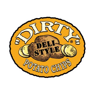 The Dirty Potato Chips logo, featuring a rough golden emblem with sliced potatoes and the words "Dirty Potato Chips" and "Deli Style"